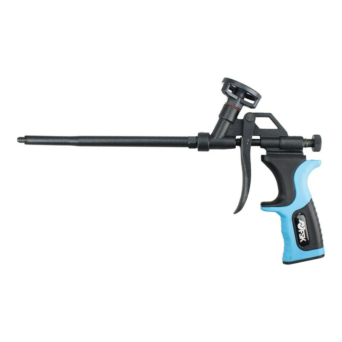 Eine schwarz-blaue Sprühschaumpistole. Sie hat eine lange Düse und einen blauen Griff.