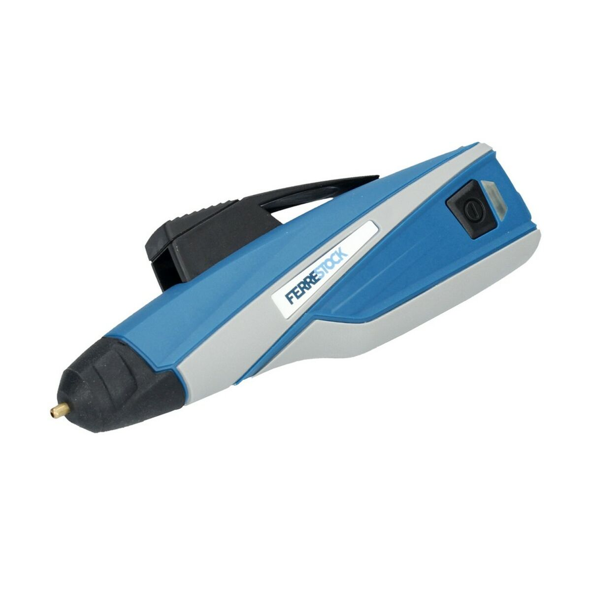 Blau-graue Klebepistole mit schwarzem Griff. Sie hat eine Düse und einen Knopf. Die Marke ist FerreStock.