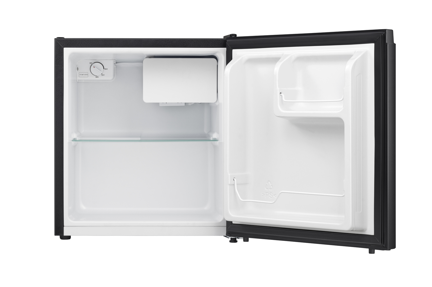 Minikühlschrank mit offener Tür. Text: Minikühlschrank mit offener Tür, Innenansicht.