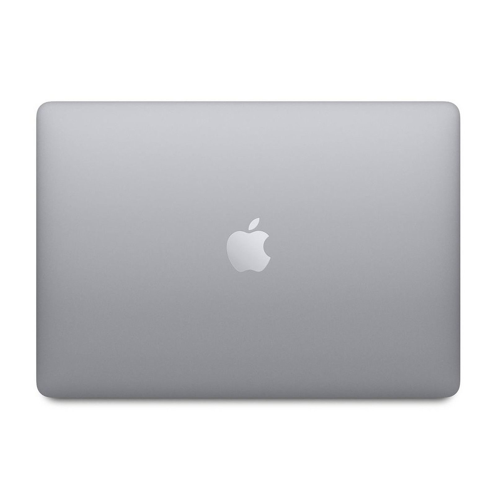 Un portátil Macbook gris desde arriba, mostrando el logotipo de Apple en la tapa.