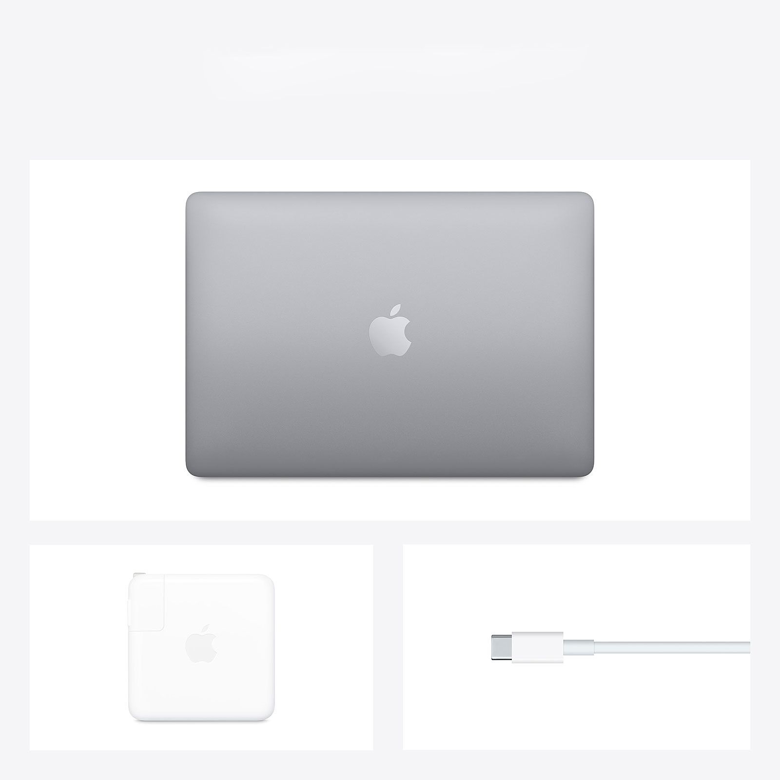 Grey Macbook, charger, and cable on white. Apple logos on all. Top and side views.