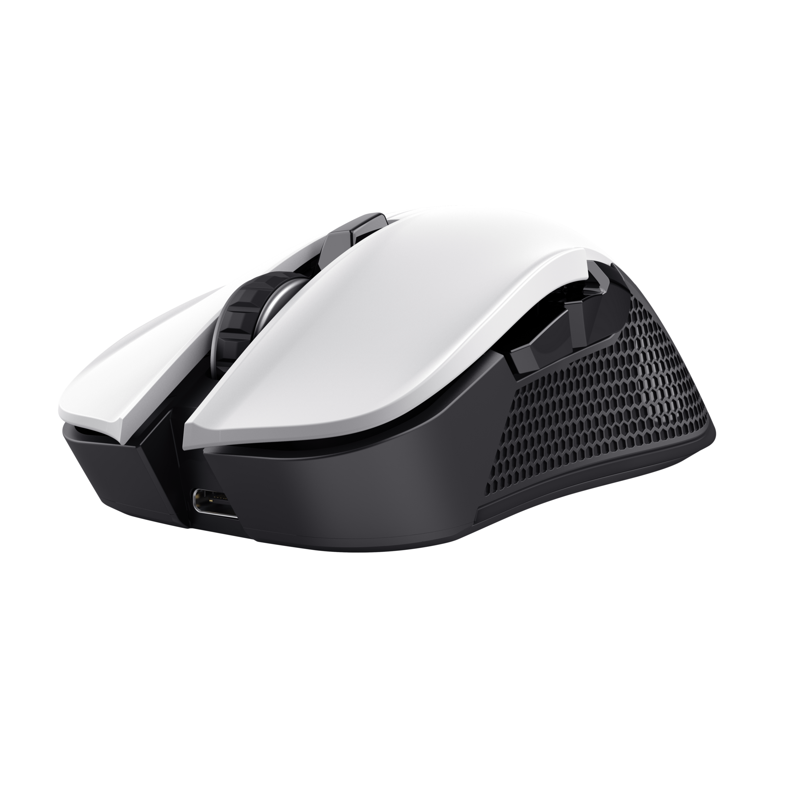 Biała mysz do gier z czarną podstawą, kółkiem przewijania i przyciskami.