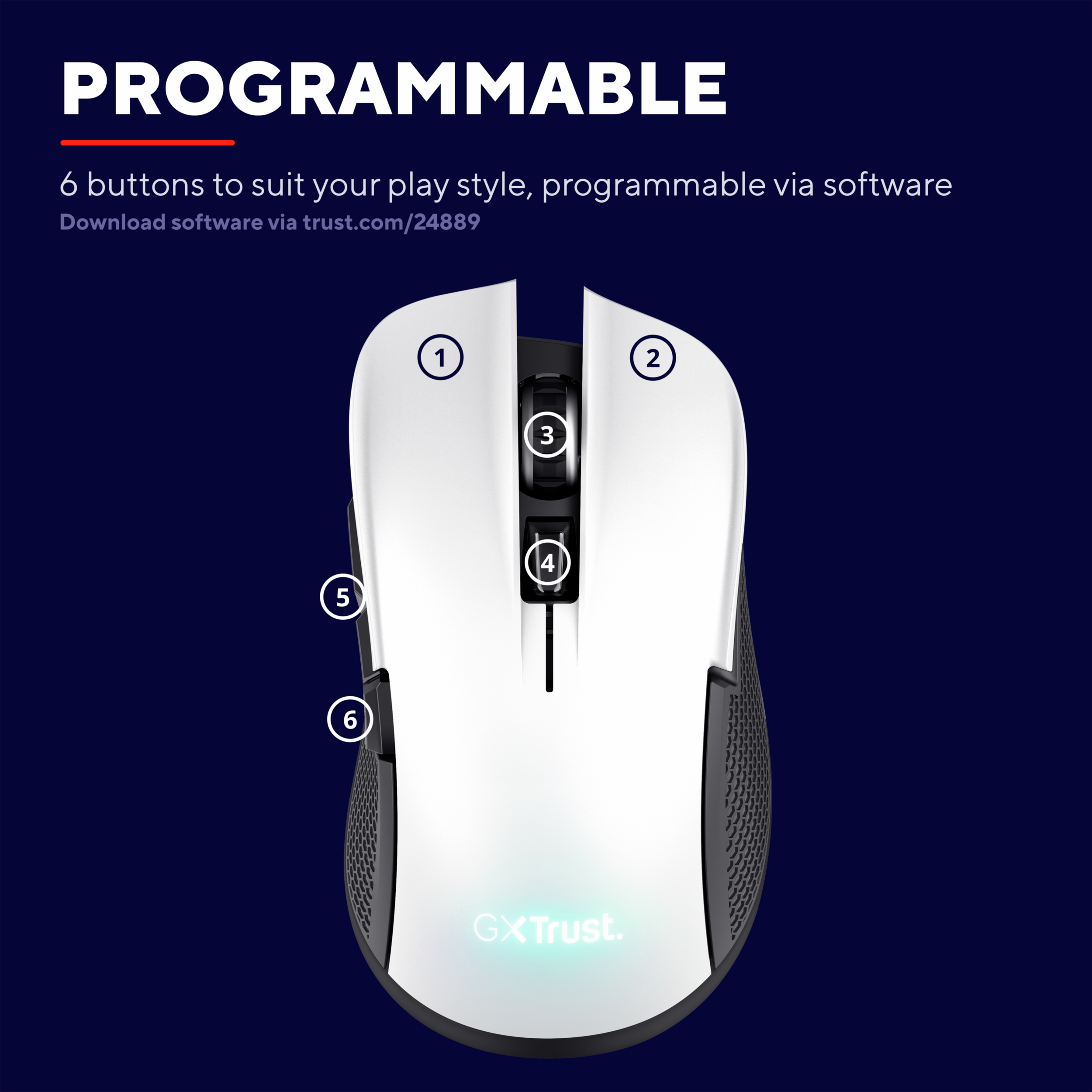 Biała mysz gamingowa z sześcioma przyciskami, kółkiem i logo. Niebieskie tło z tekstem.