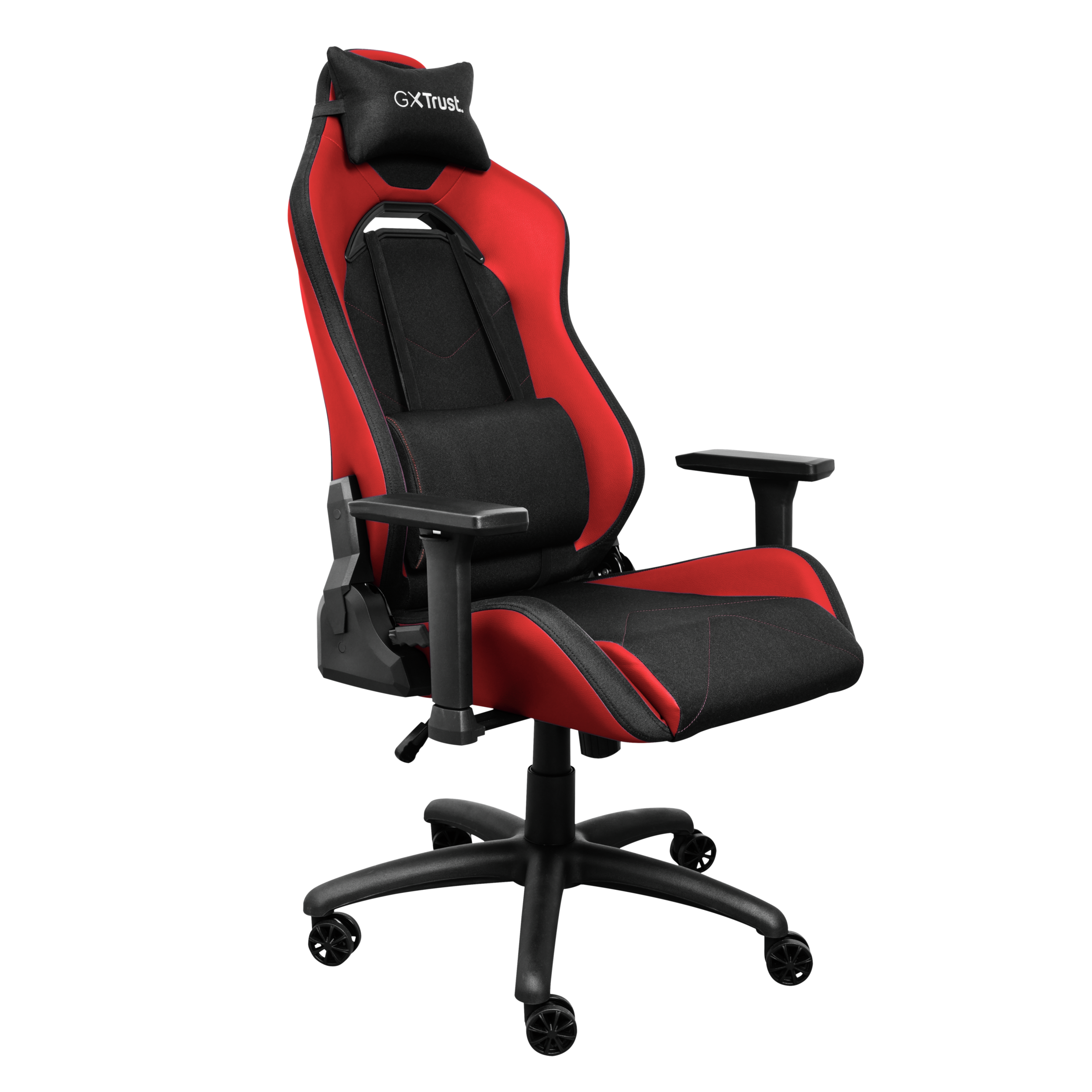 Gaming-Stuhl, schwarz und rot, mit Kopfstütze und Lendenwirbelstütze. Er hat ein schwarzes Gestell mit Rollen.