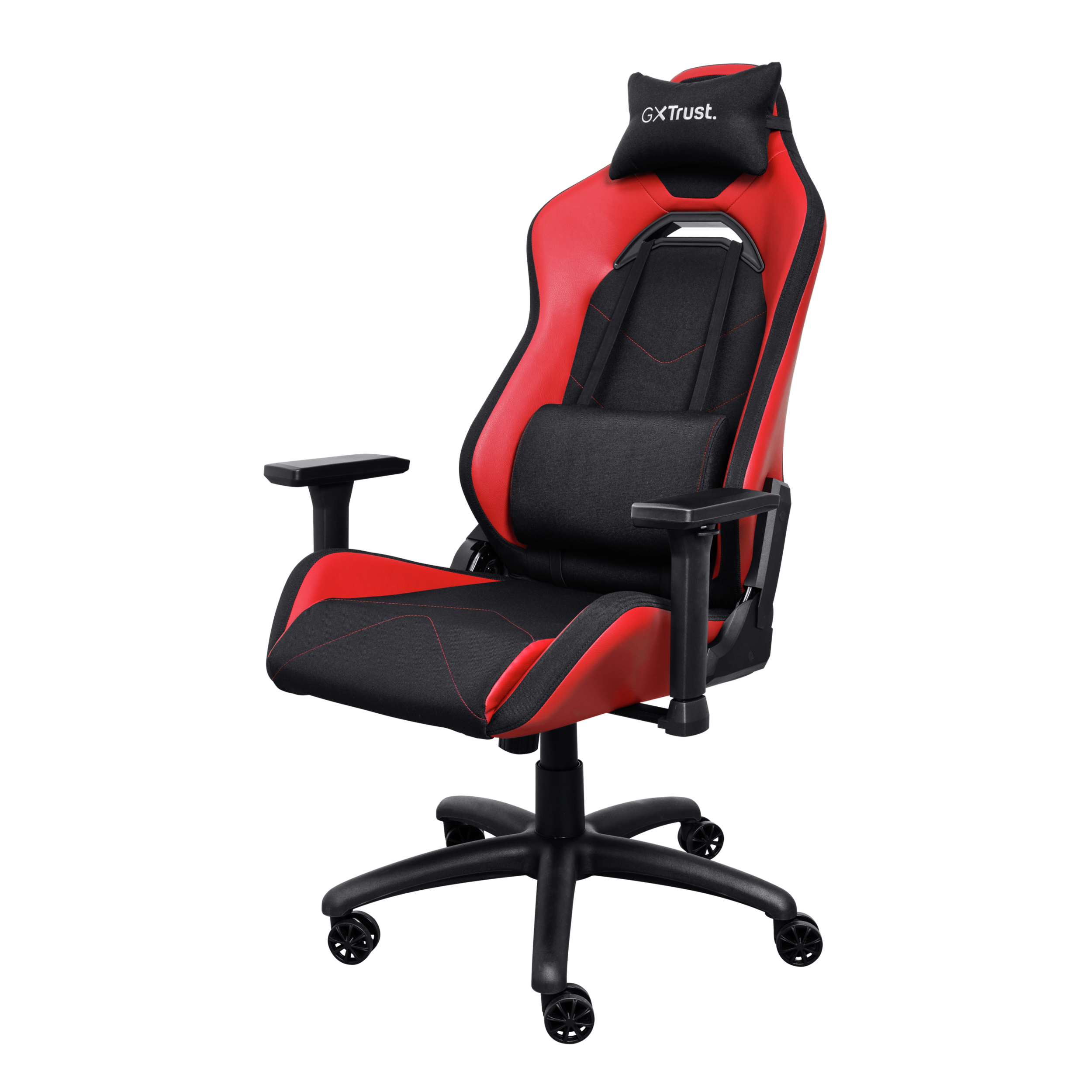 Roter und schwarzer Gaming-Stuhl. Schwarzer Hintergrund. Inklusive Kopfstütze und Lendenwirbelstütze.