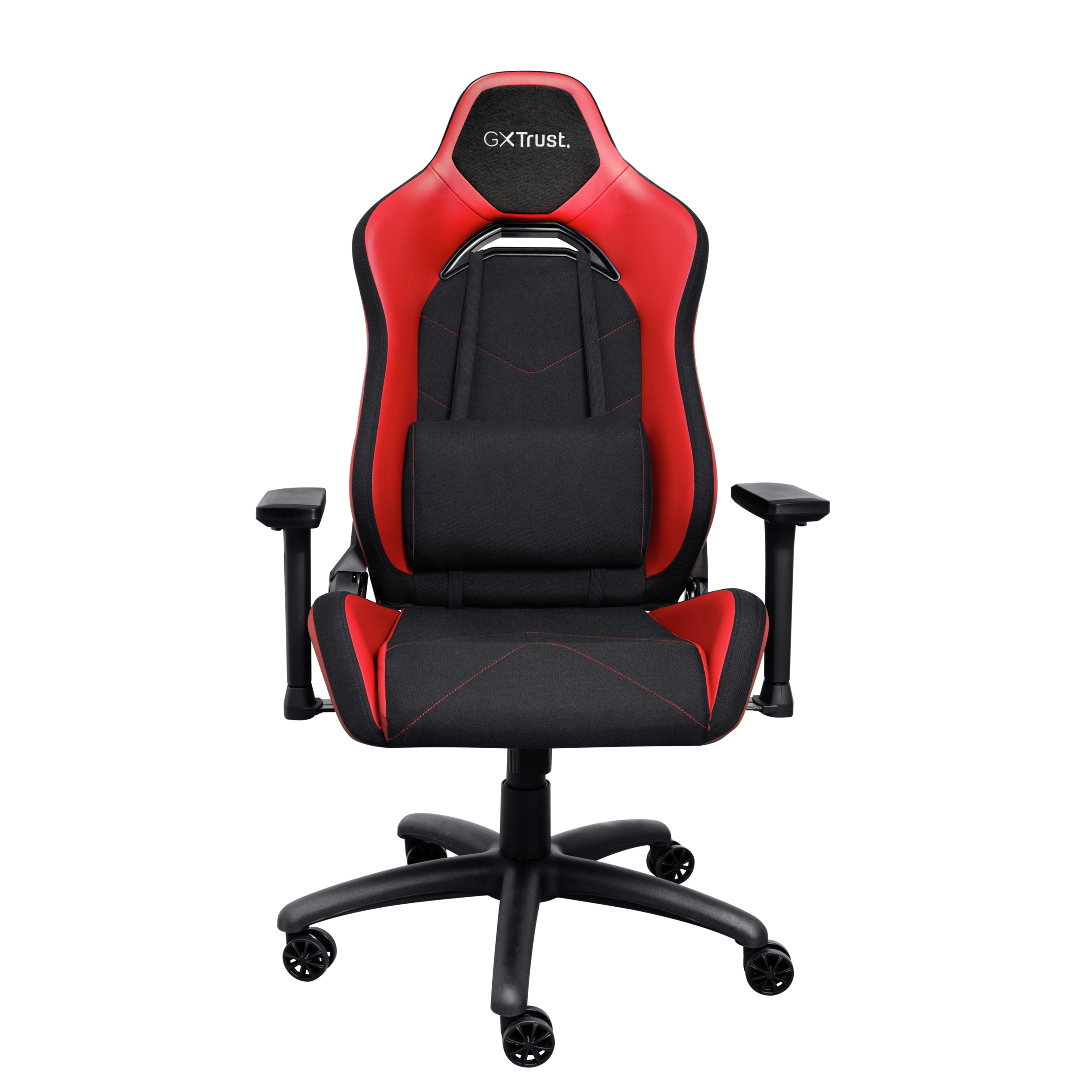 Schwarz-roter Gaming-Stuhl, nach vorne gerichtet. Schwarzer Hintergrund. Der Stuhl hat eine Kopfstütze und Lendenwirbelstütze.