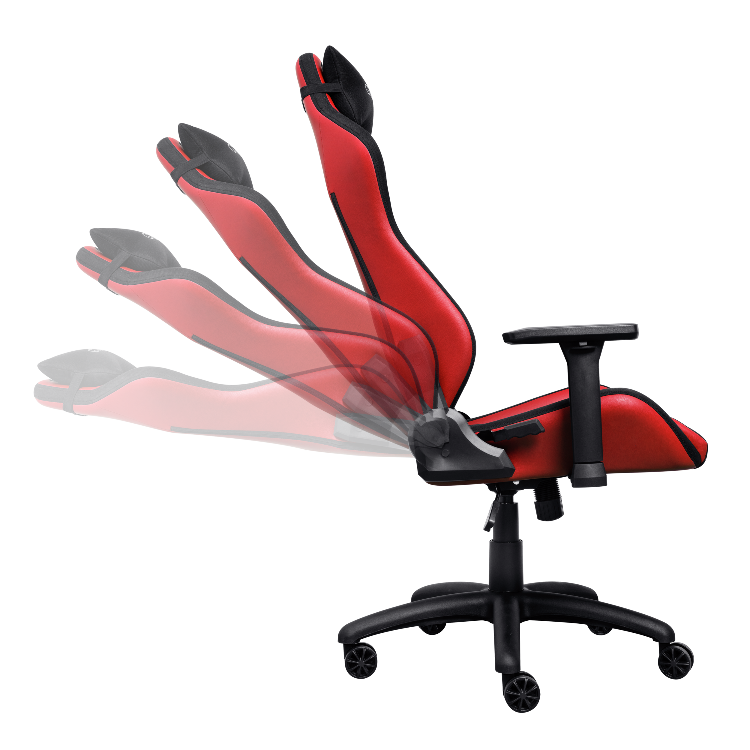 Roter Gaming-Stuhl mit schwarzem Fuß. Der Stuhl hat eine verstellbare Rückenlehne.