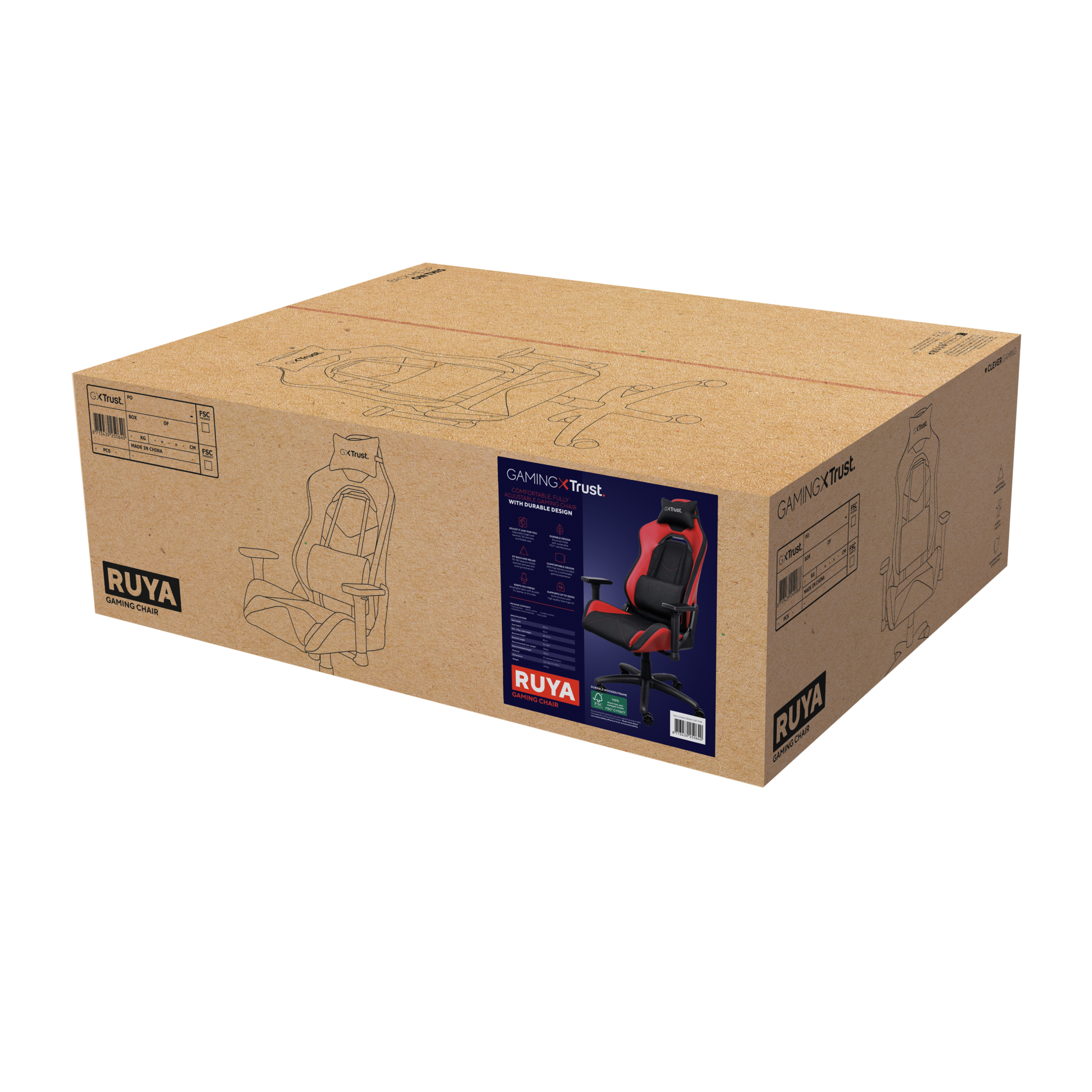 Karton mit Gaming-Stuhl-Illustration. Text: RUYA GAMING, GAMING X Trust. Stuhlbild auf der Box.