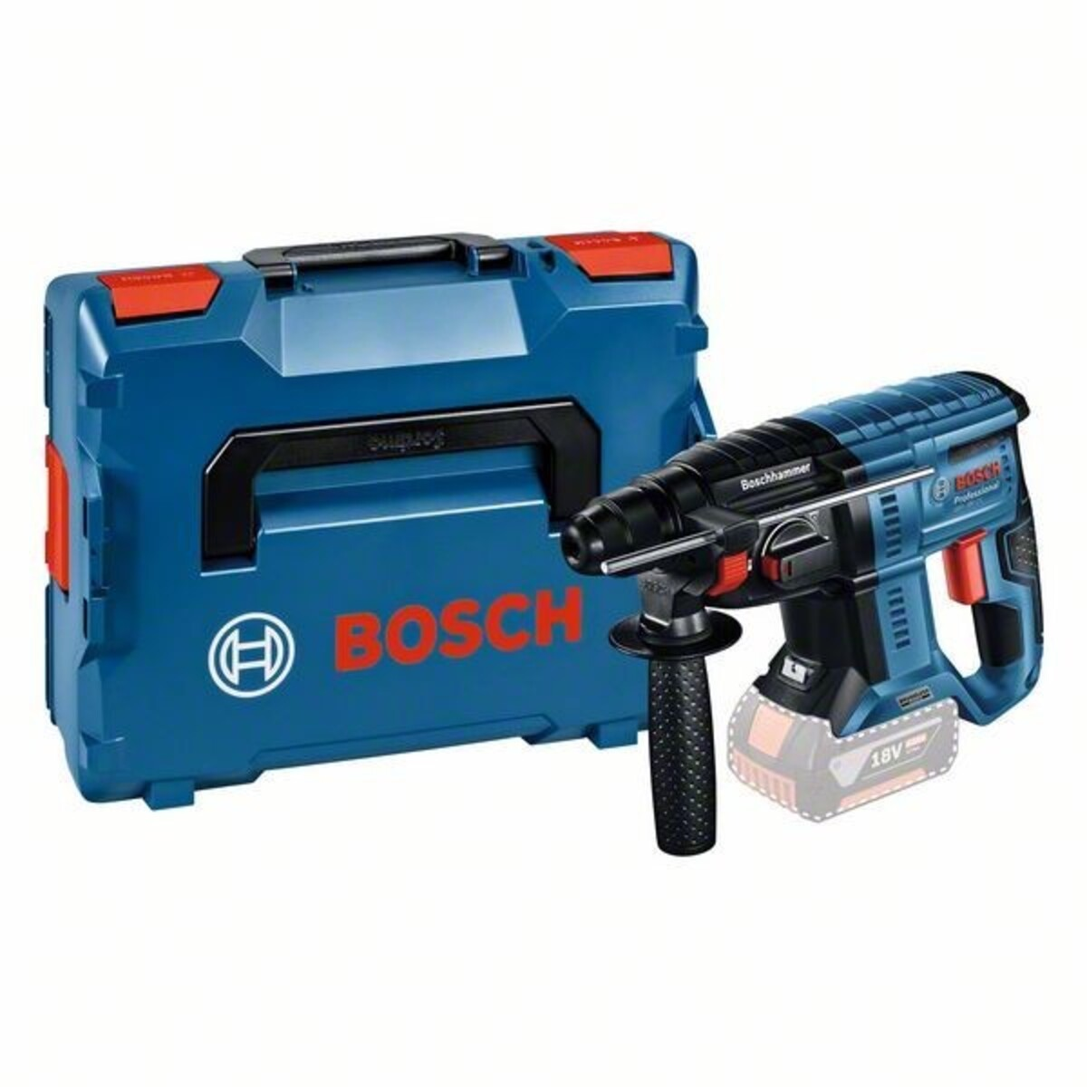 Ein blauer Bosch-Bohrhammer mit einem blauen Tragekoffer. Der Koffer hat das Bosch-Logo und rote Akzente.