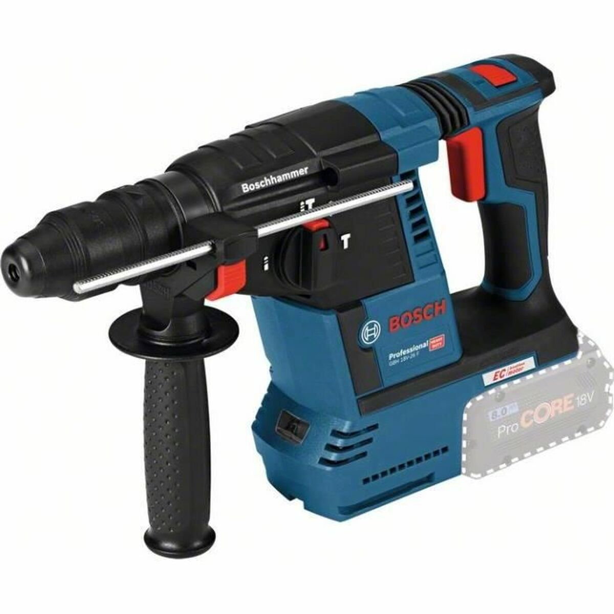 Ein blau-schwarzer Bosch-Hammerbohrer. Er hat einen schwarzen Griff und rote Akzente.