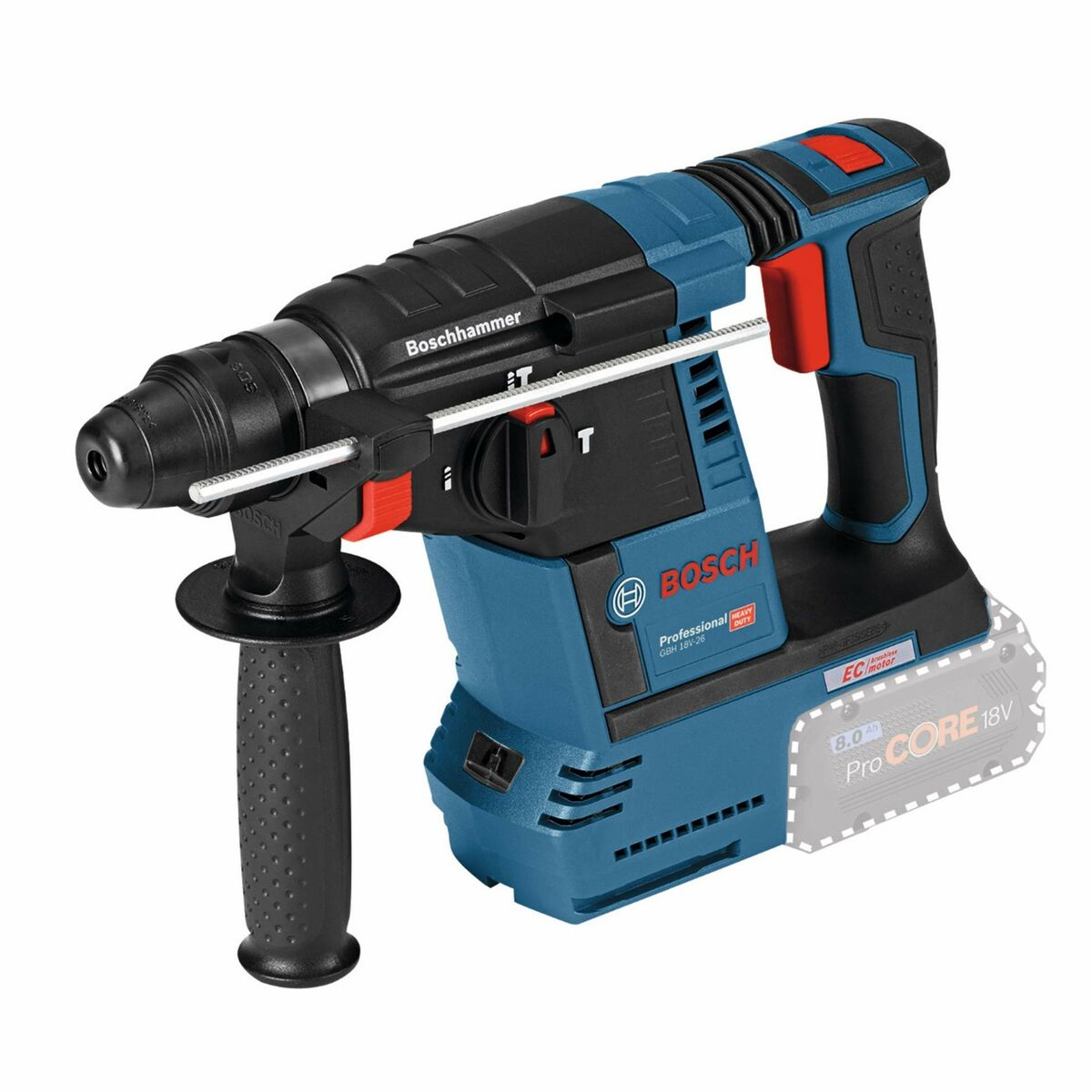 Ein blau-schwarzer Boschhammer-Bohrer mit schwarzem Griff und roten Akzenten.