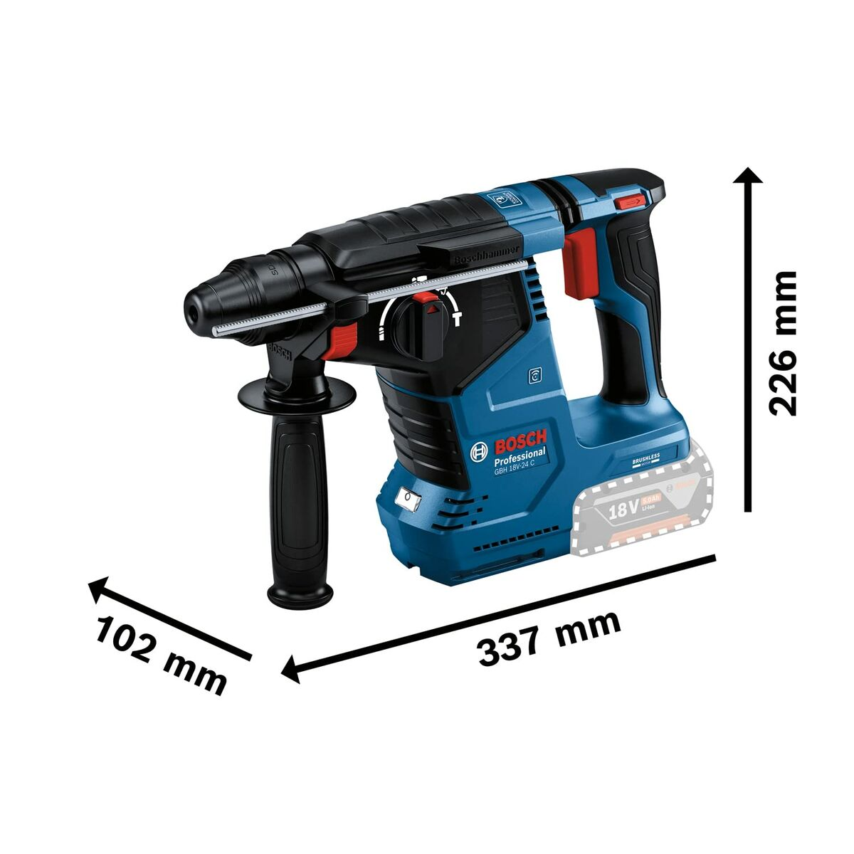 Blau-schwarzer Bohrhammer mit Maßangaben in mm auf weißem Hintergrund.