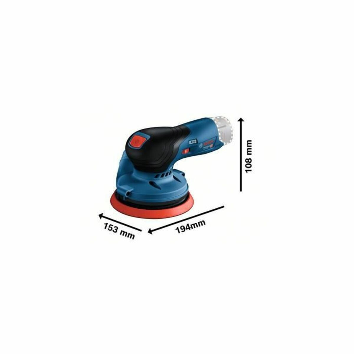 Ponceuse électrique bleue et noire avec un disque de ponçage rouge. Les dimensions sont fournies en millimètres.