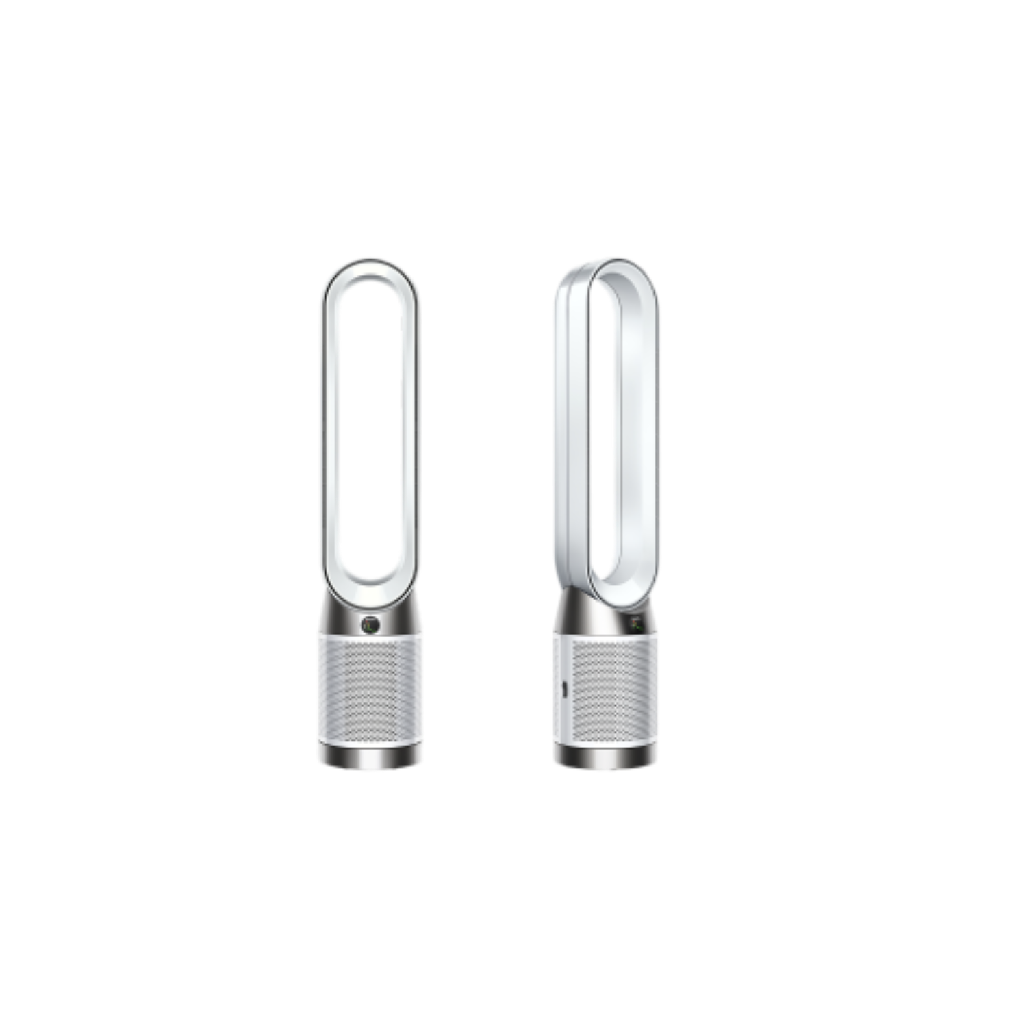Dos ventiladores Dyson blancos uno al lado del otro sobre un fondo negro. Son simétricos.