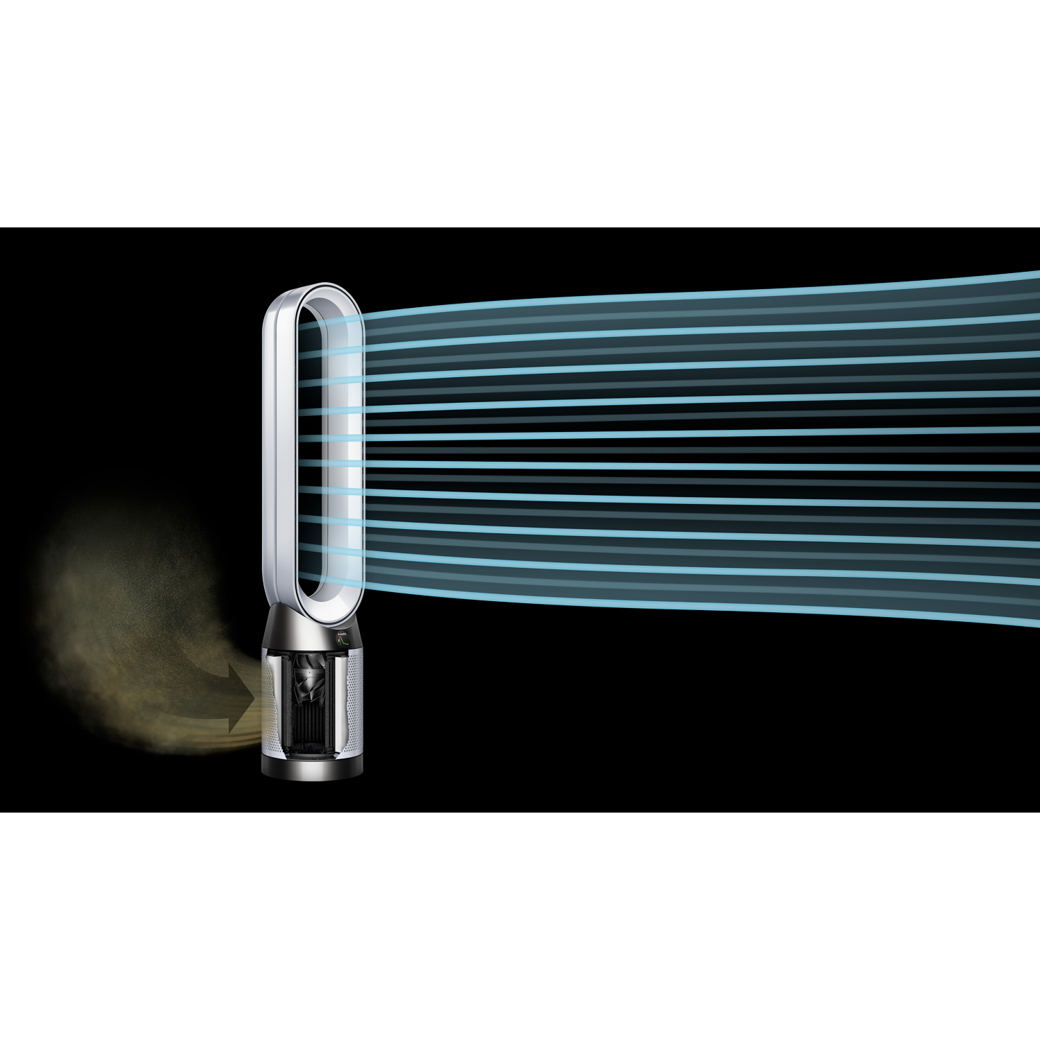 Un purificador de aire Dyson plateado sopla aire. Un área oscura muestra el aire que se está limpiando con una nube de polvo.