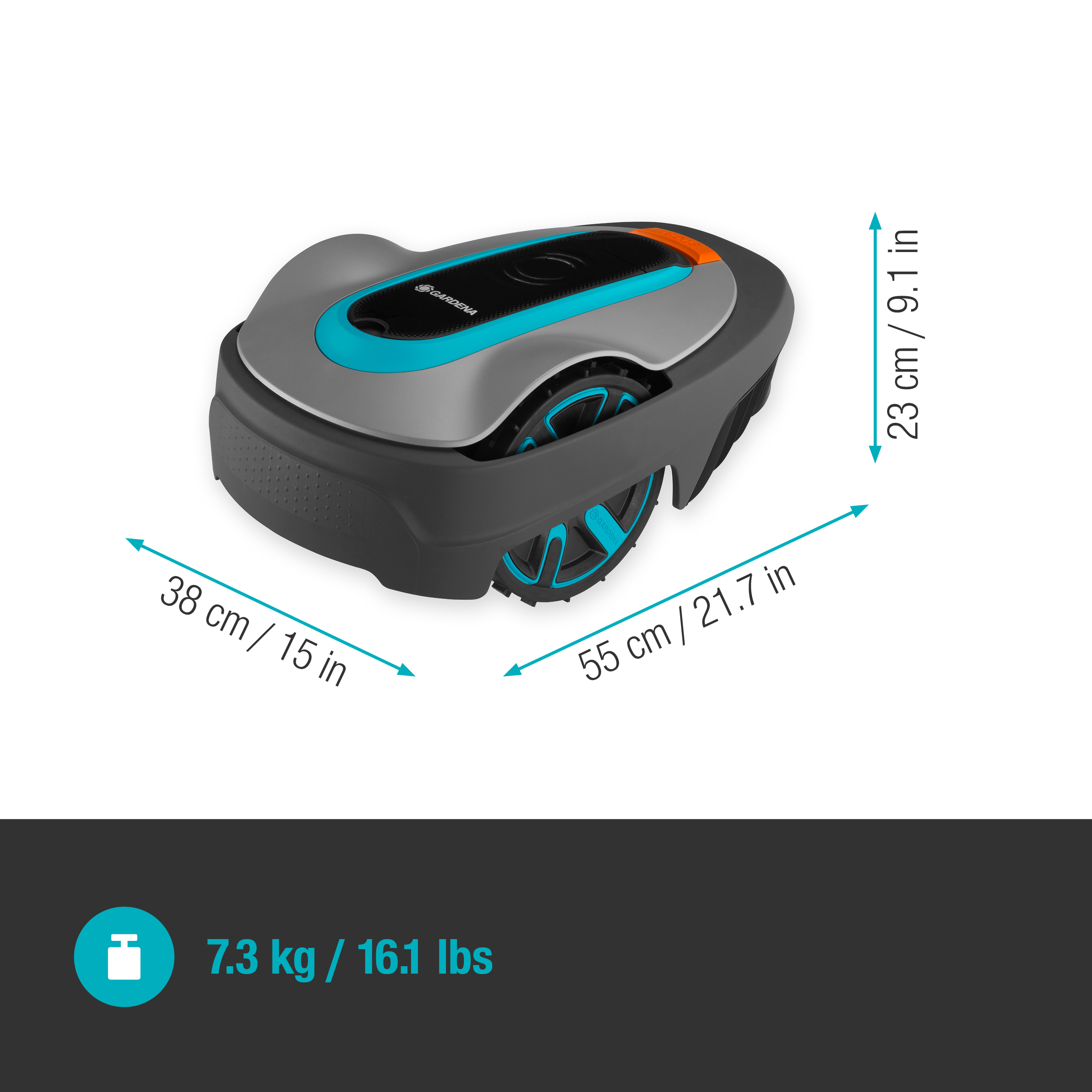 Kosiarka robot. Jest szara i czarna z niebieskimi kołami, a wymiary i waga są wyświetlane.