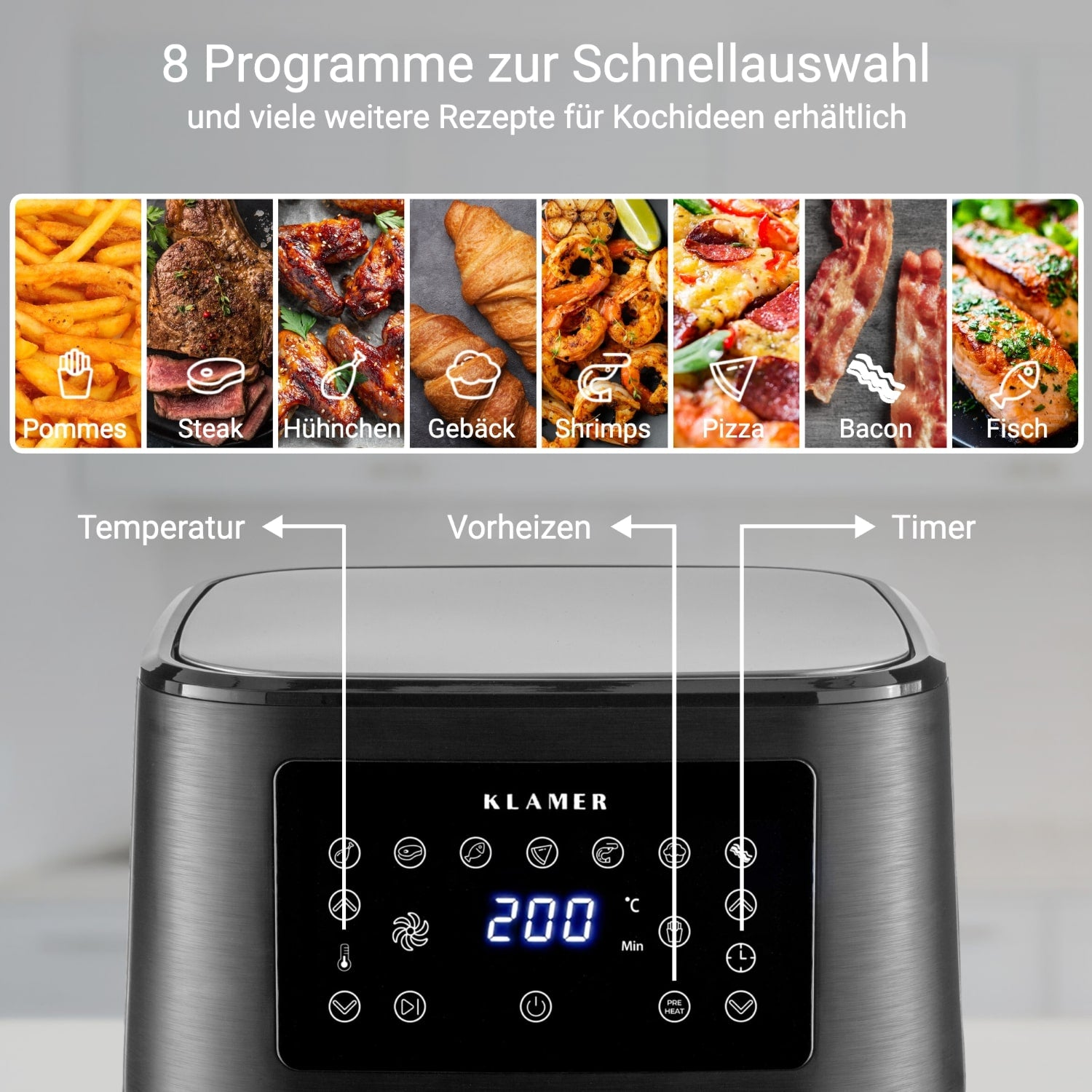 Eine Heißluftfritteuse mit Essenssymbolen und einem Digitaldisplay mit '200' Grad, mit Knöpfen.