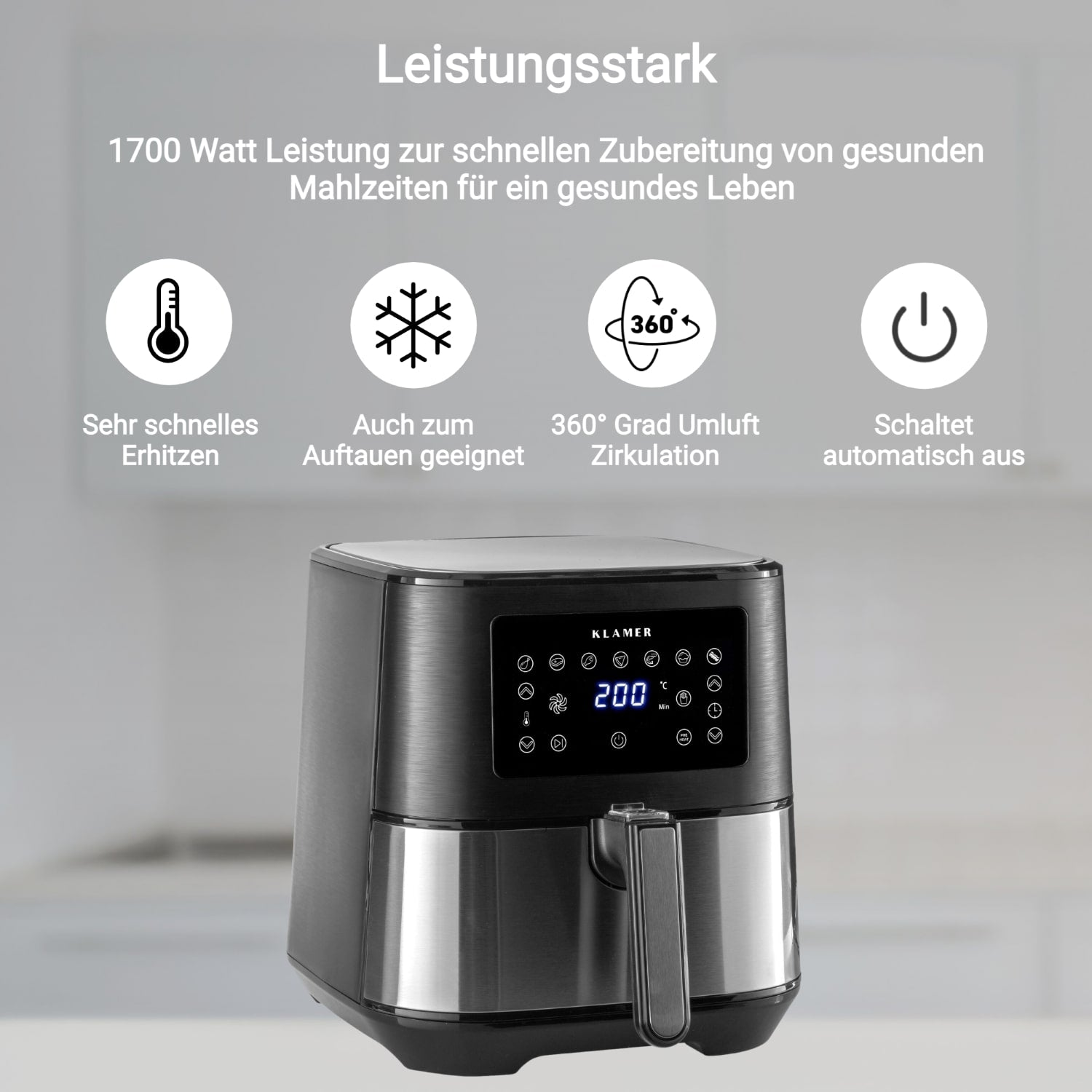 Schwarze Heißluftfritteuse mit silbernem Griff und Digitalanzeige. Symbole auf der Vorderseite für verschiedene Funktionen.