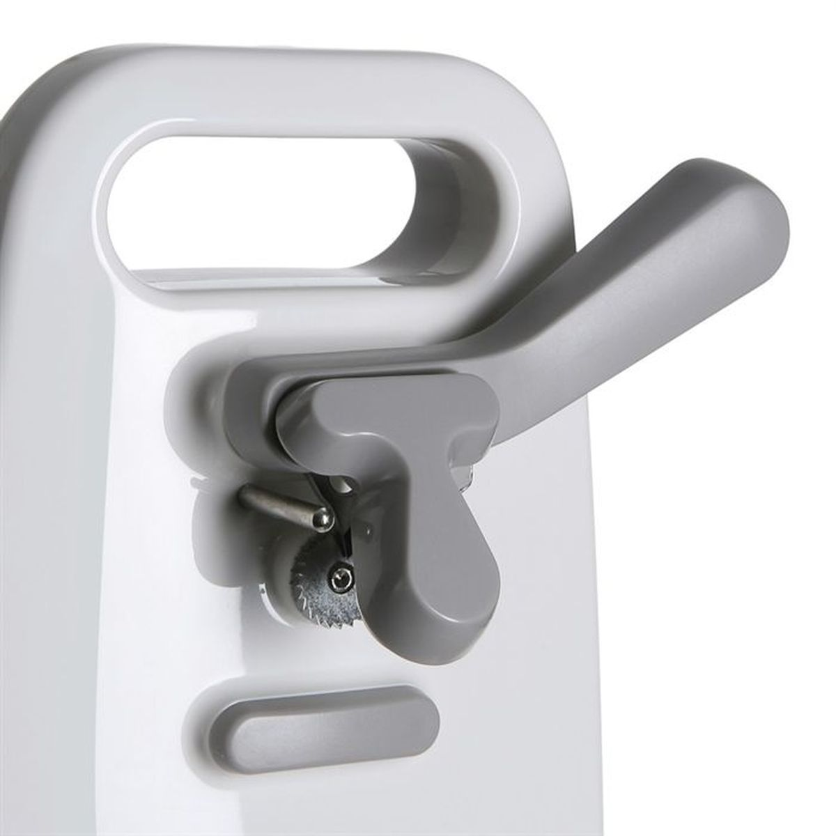 Apriscatole bianco e grigio. Sfondo bianco.
