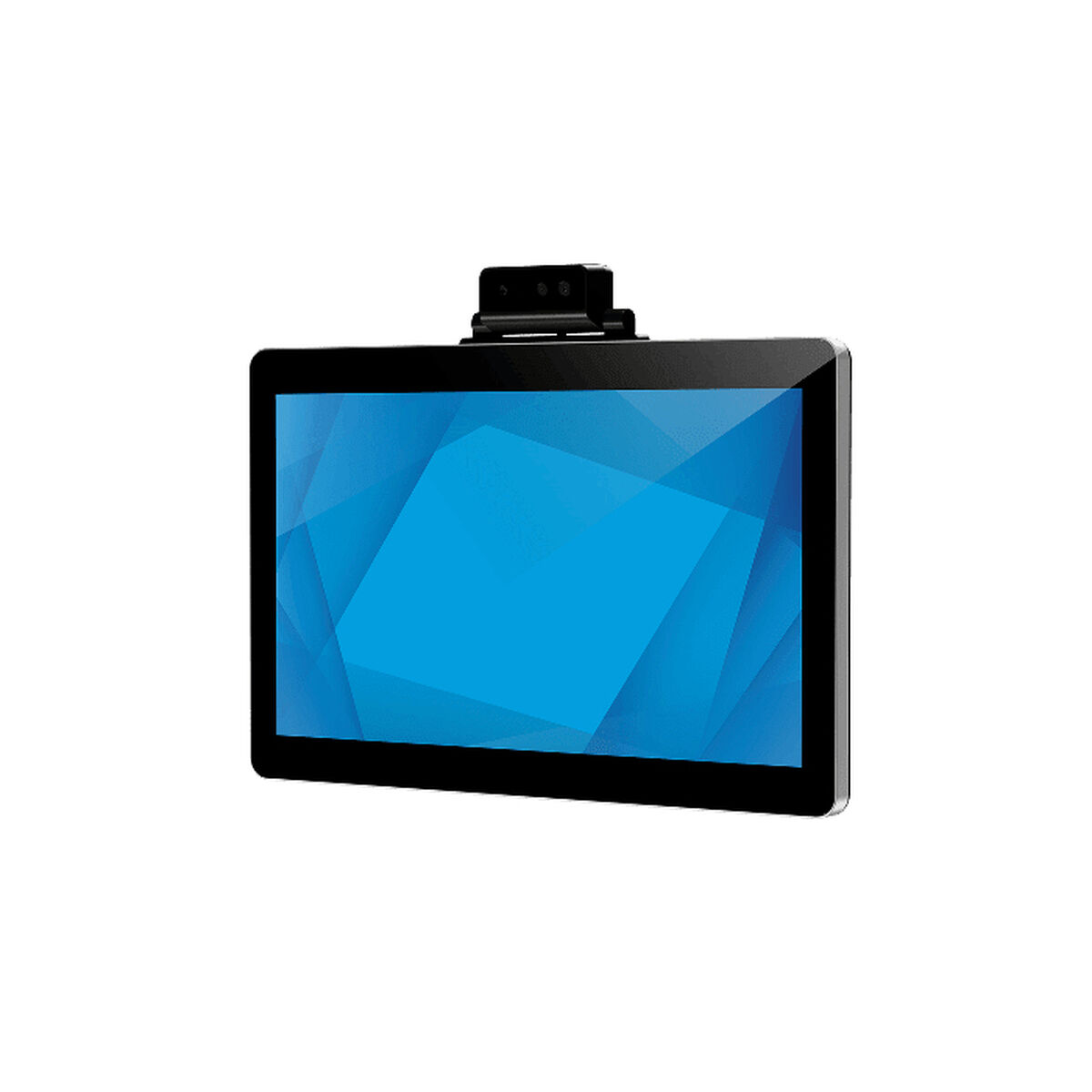 Ein schwarzer Computermonitor mit einer Webcam oben. Der Bildschirm zeigt ein blaues geometrisches Muster.