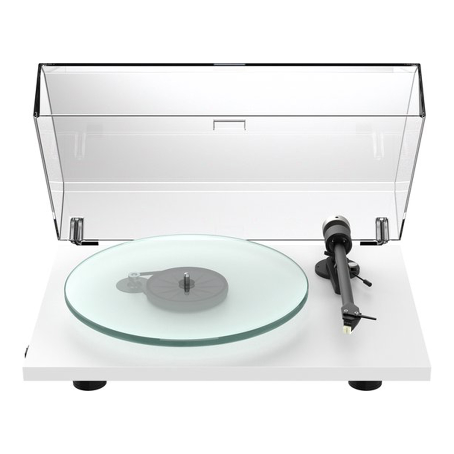 White turntable with a clear cover and transparent platter. Black tonearm and black feet.