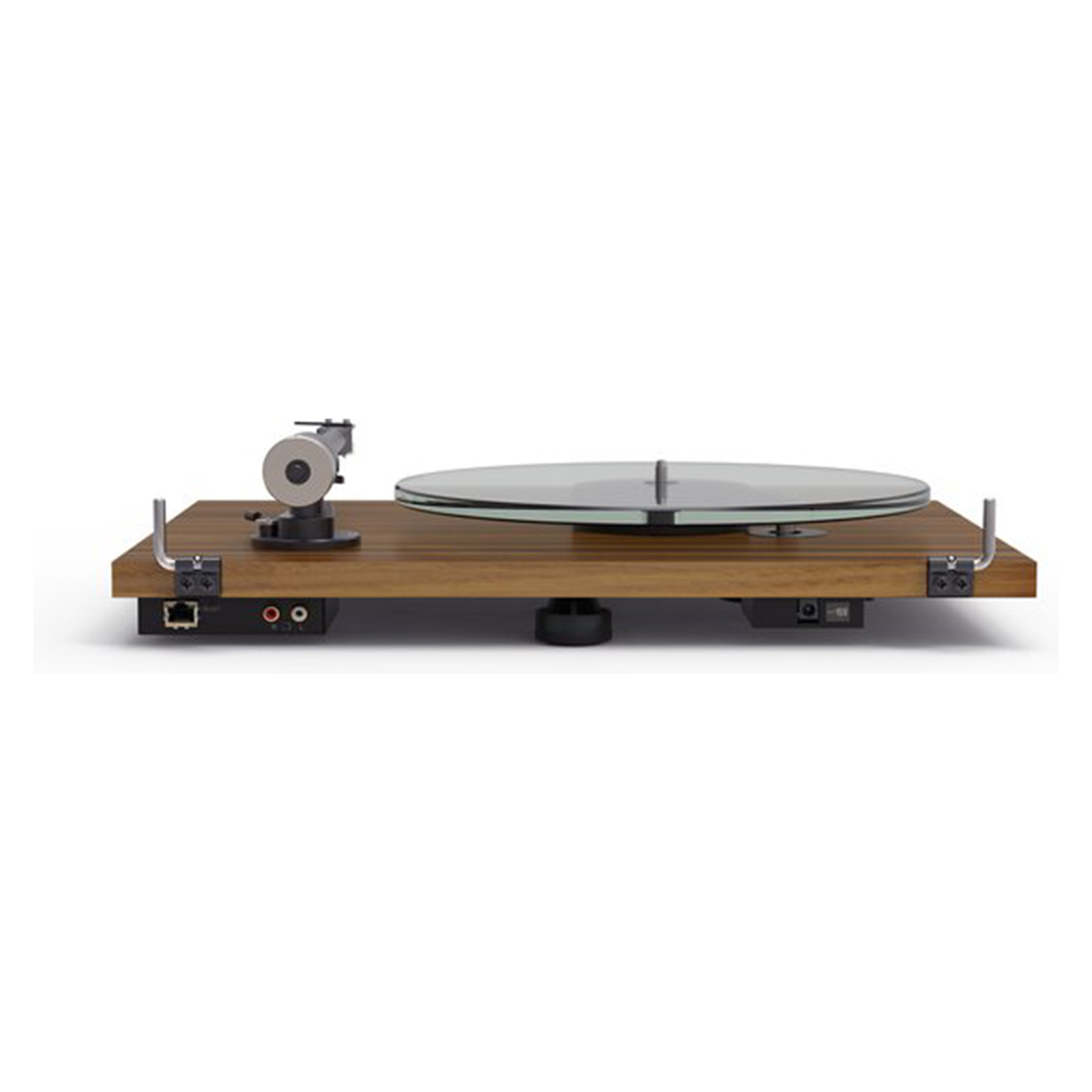A wooden turntable with a clear glass platter and a silver tone arm, on a white background.