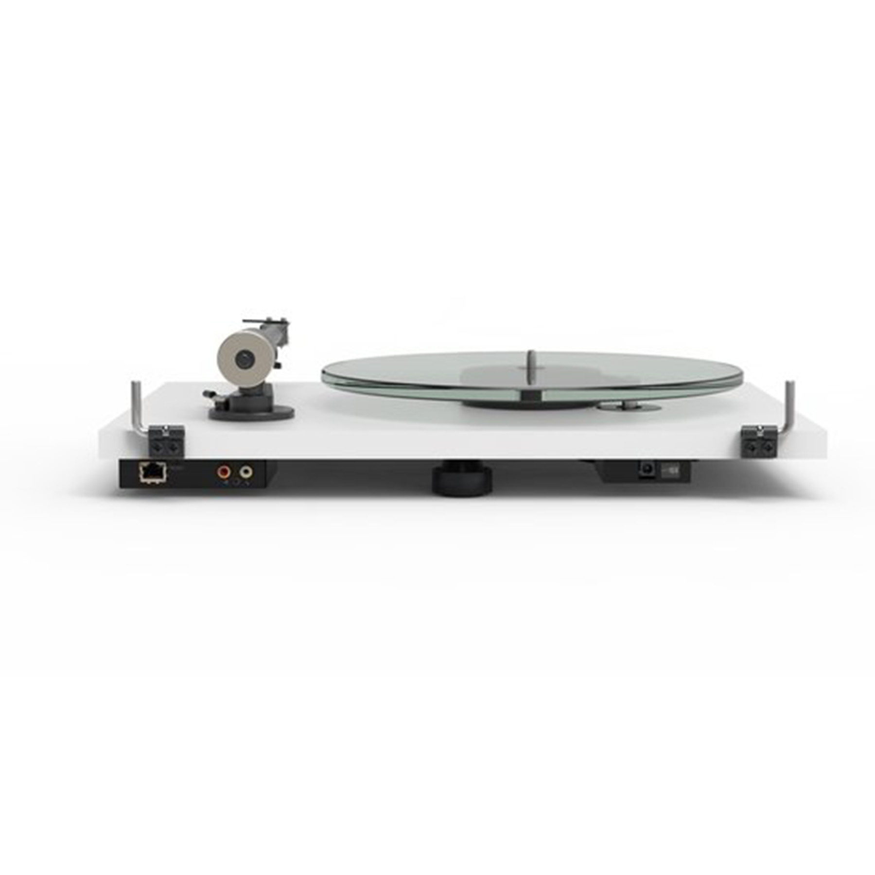 A white turntable with a clear record and a tonearm.