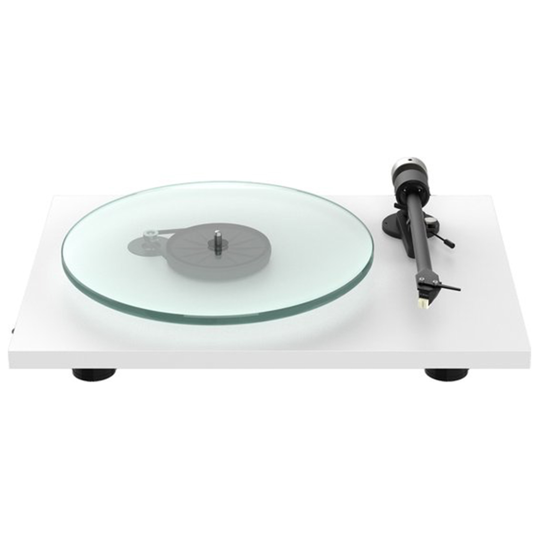 Turntable with a white base, clear platter, black arm, and black base.
