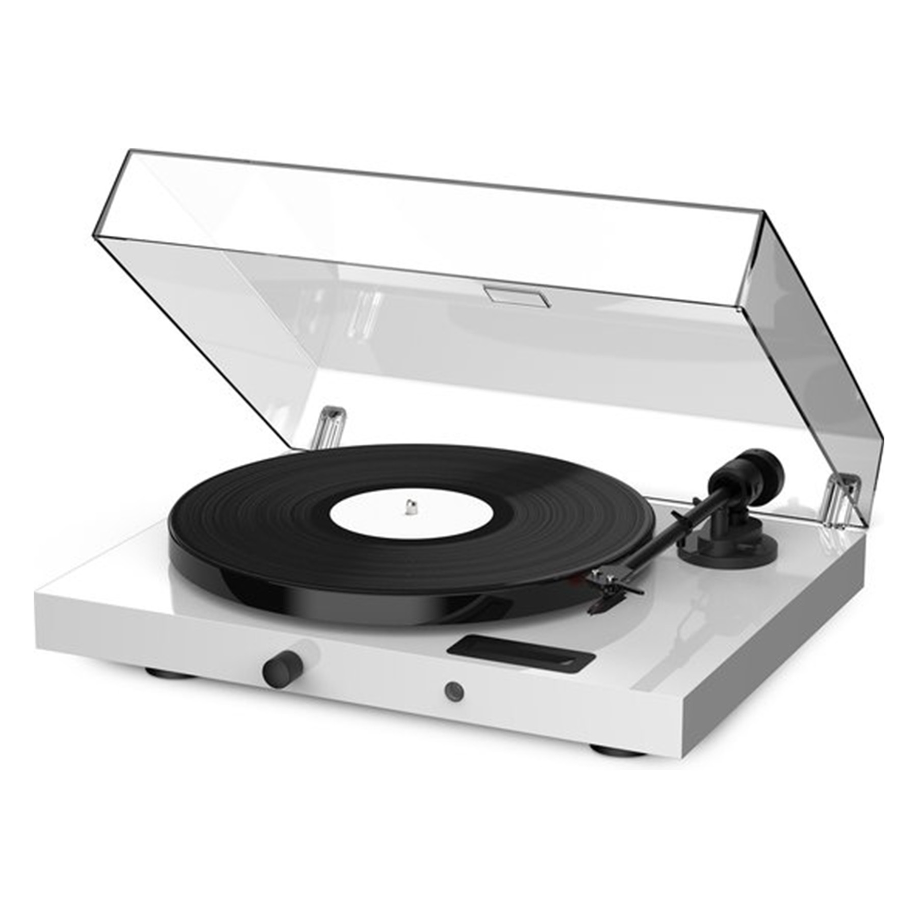 Biały gramofon z czarną płytą. Pokrywa jest otwarta.