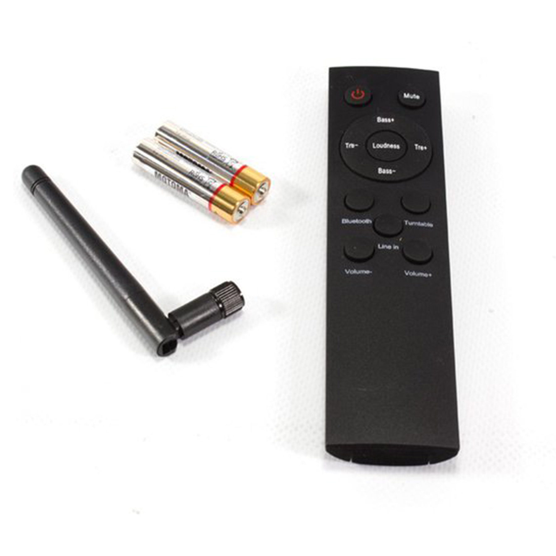 Pilot, dwie baterie AA i antena. Pilot jest czarny i ma przyciski.