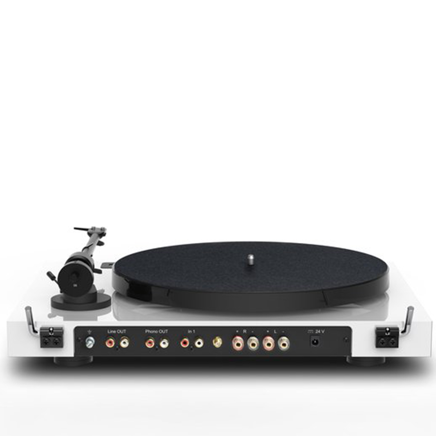 Biały gramofon z czarnym dyskiem i wieloma gniazdami wejściowymi.