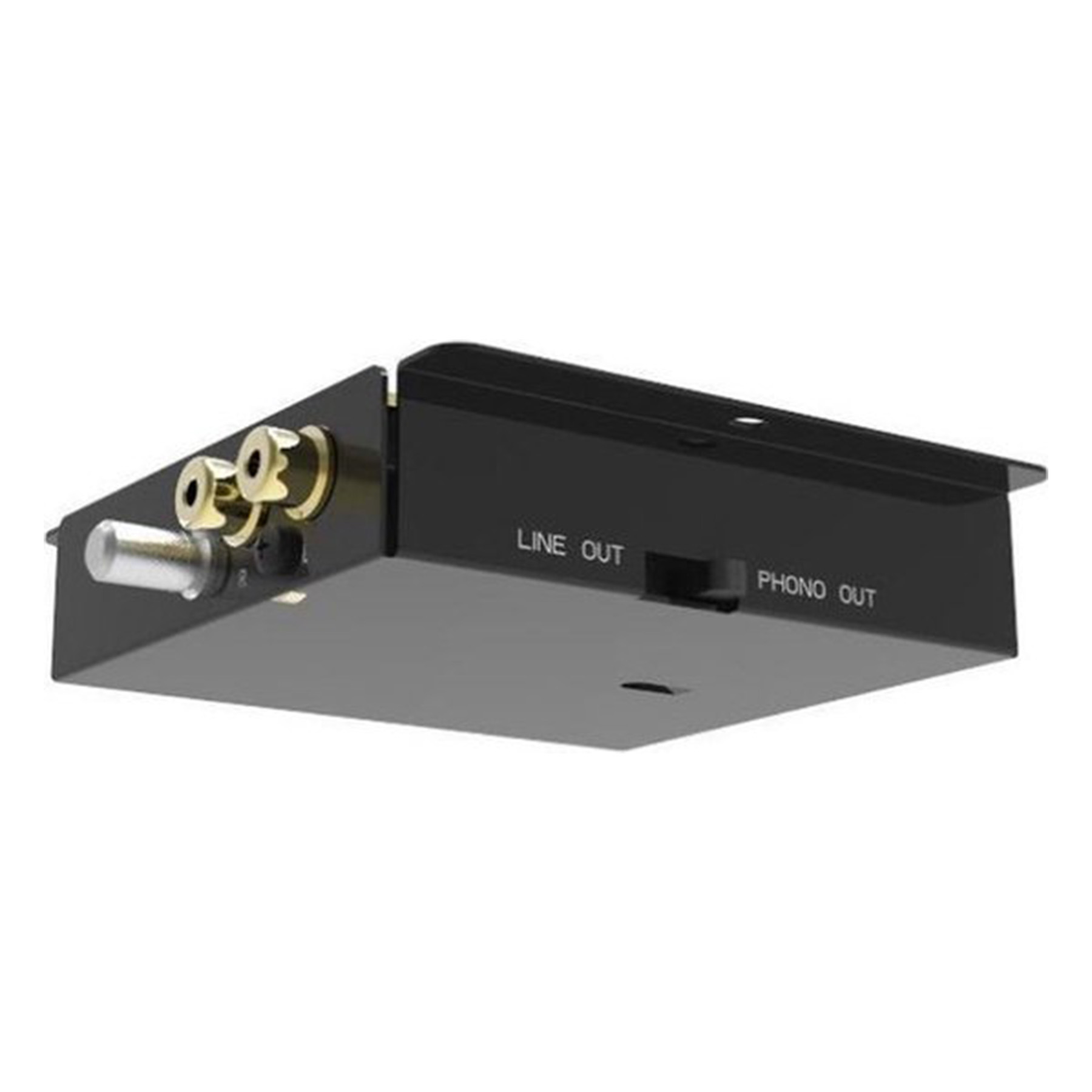 Schwarzes Audiogerät mit 'LINE OUT' und 'PHONO OUT' Anschlüssen an der Seite.