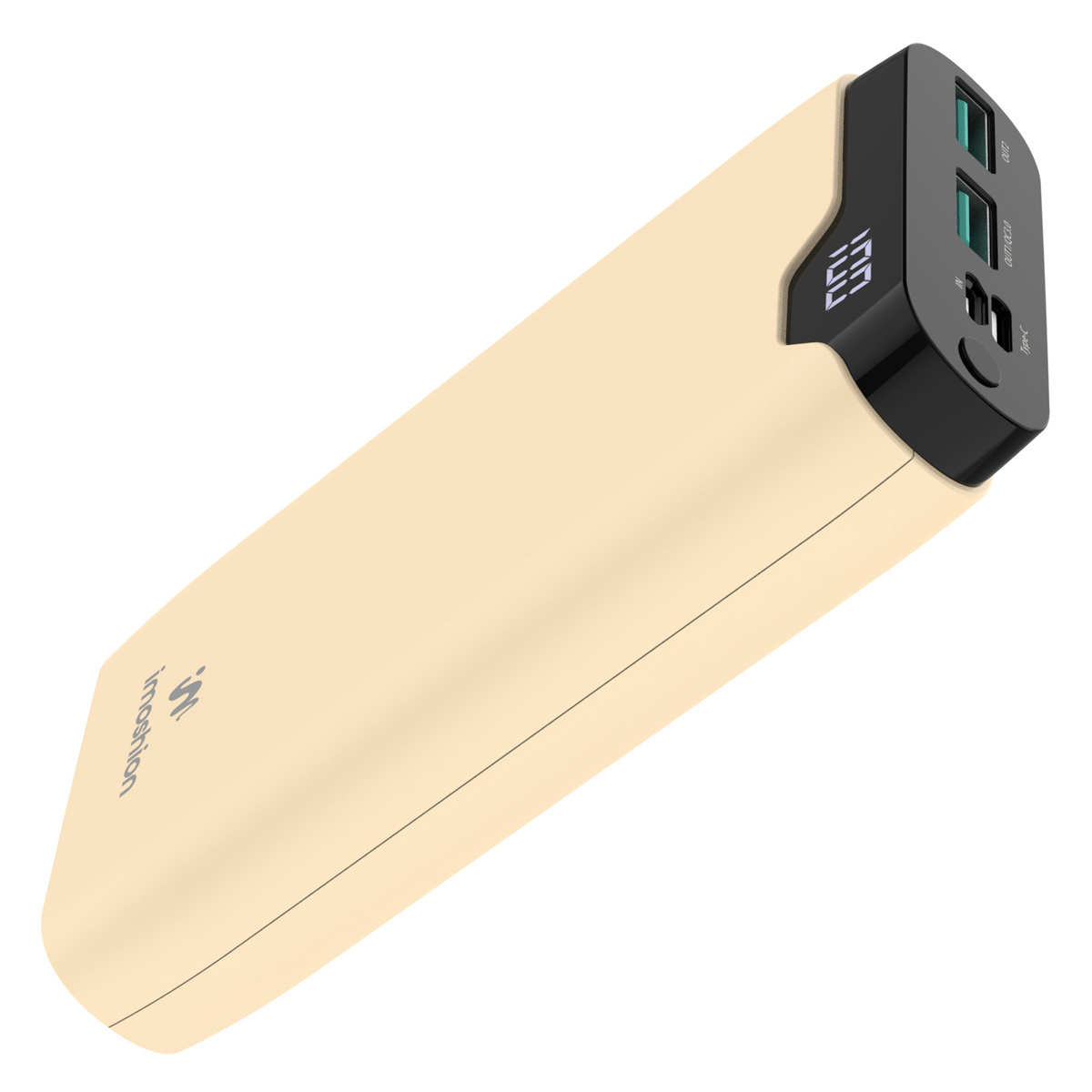 Eine beige Powerbank mit Digitalanzeige auf weißem Hintergrund.