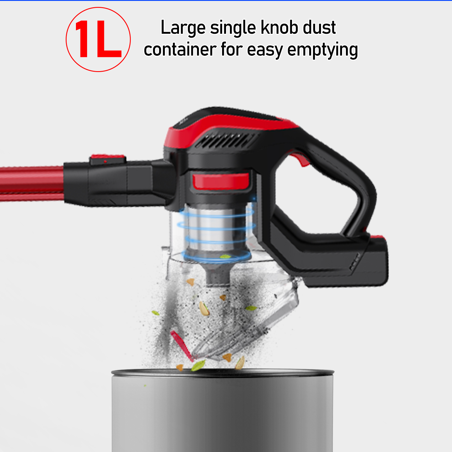 Odkurzacz bezprzewodowy pokazujący pojemnik na kurz z pyłem i zanieczyszczeniami. Czerwono-czarny design. Białe tło.