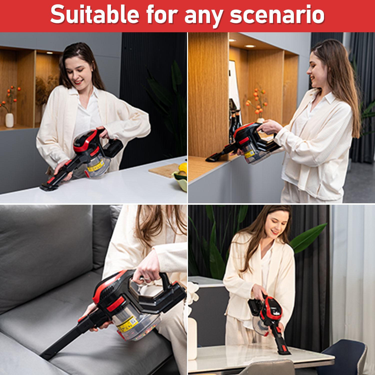 Cztery obrazy kobiety używającej bezprzewodowego odkurzacza. Tekst mówi: 'Odpowiednie dla każdego scenariusza'.