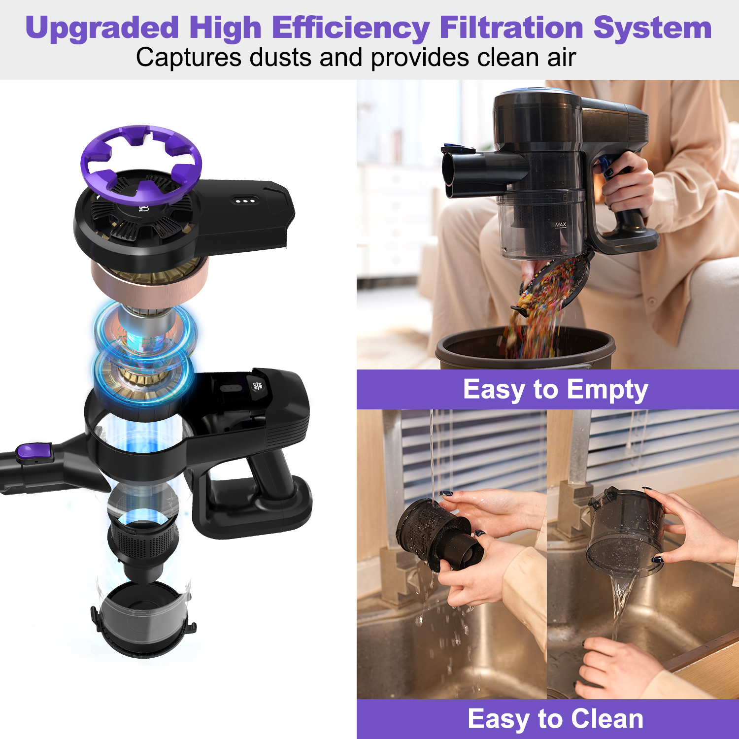 Vacuum cleaner with parts diagram and woman using it. Purple and black colors.