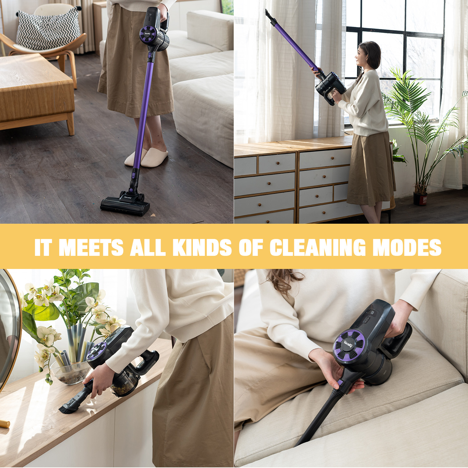 Quatre images montrant les modes de nettoyage avec un aspirateur violet et noir. Texte : Il répond à tous les modes de nettoyage.