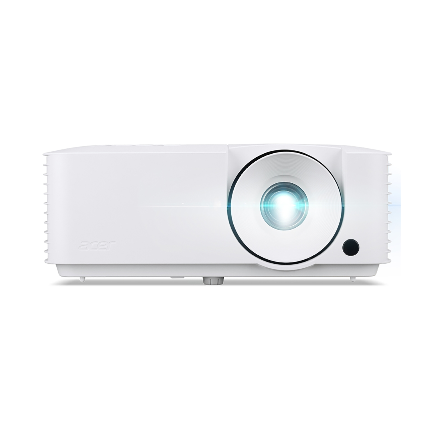Biały projektor Acer z jasnym obiektywem na białym tle. Słowo 'Acer' jest widoczne.