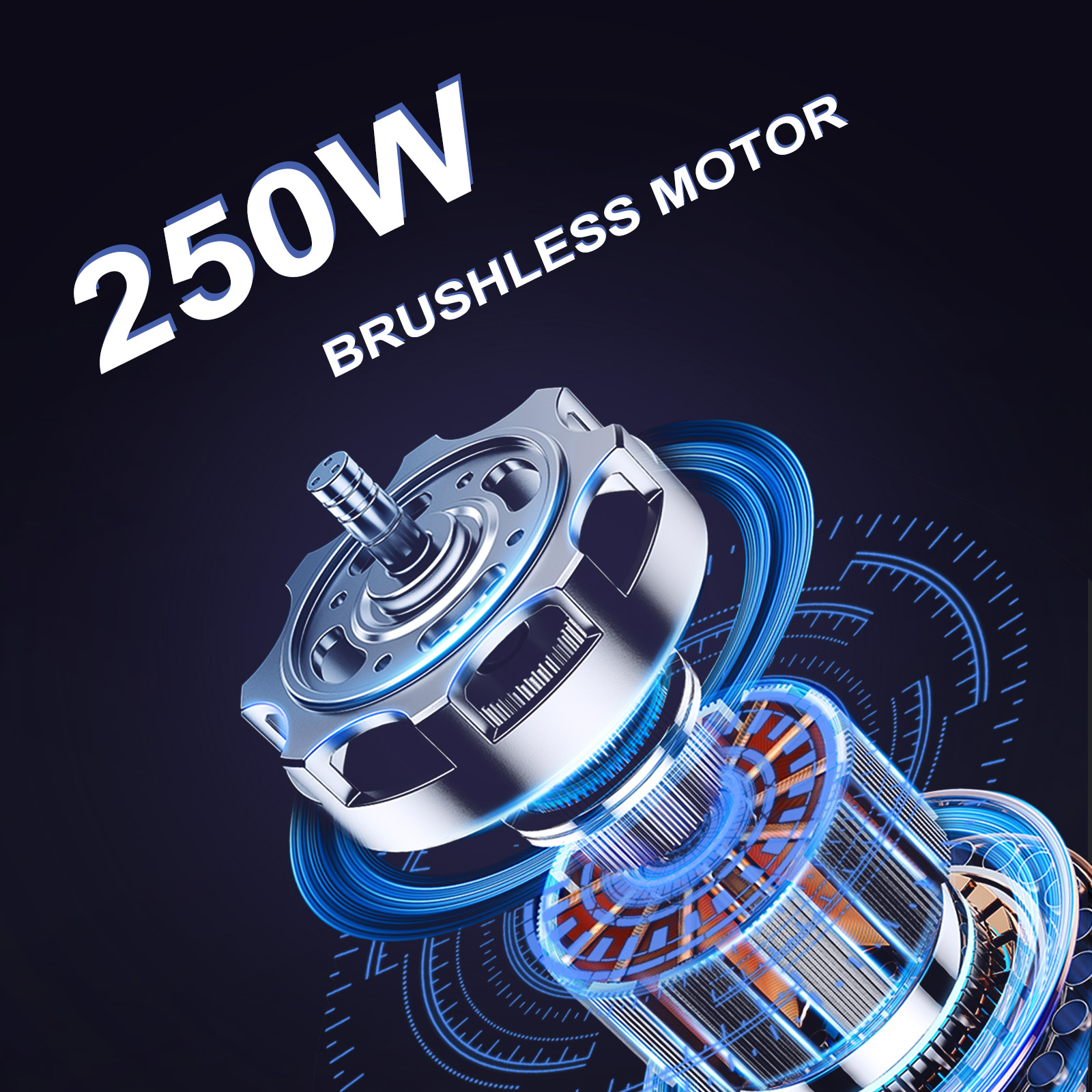 A motor with 250W brushless motor text on top. The motor is blue and silver.