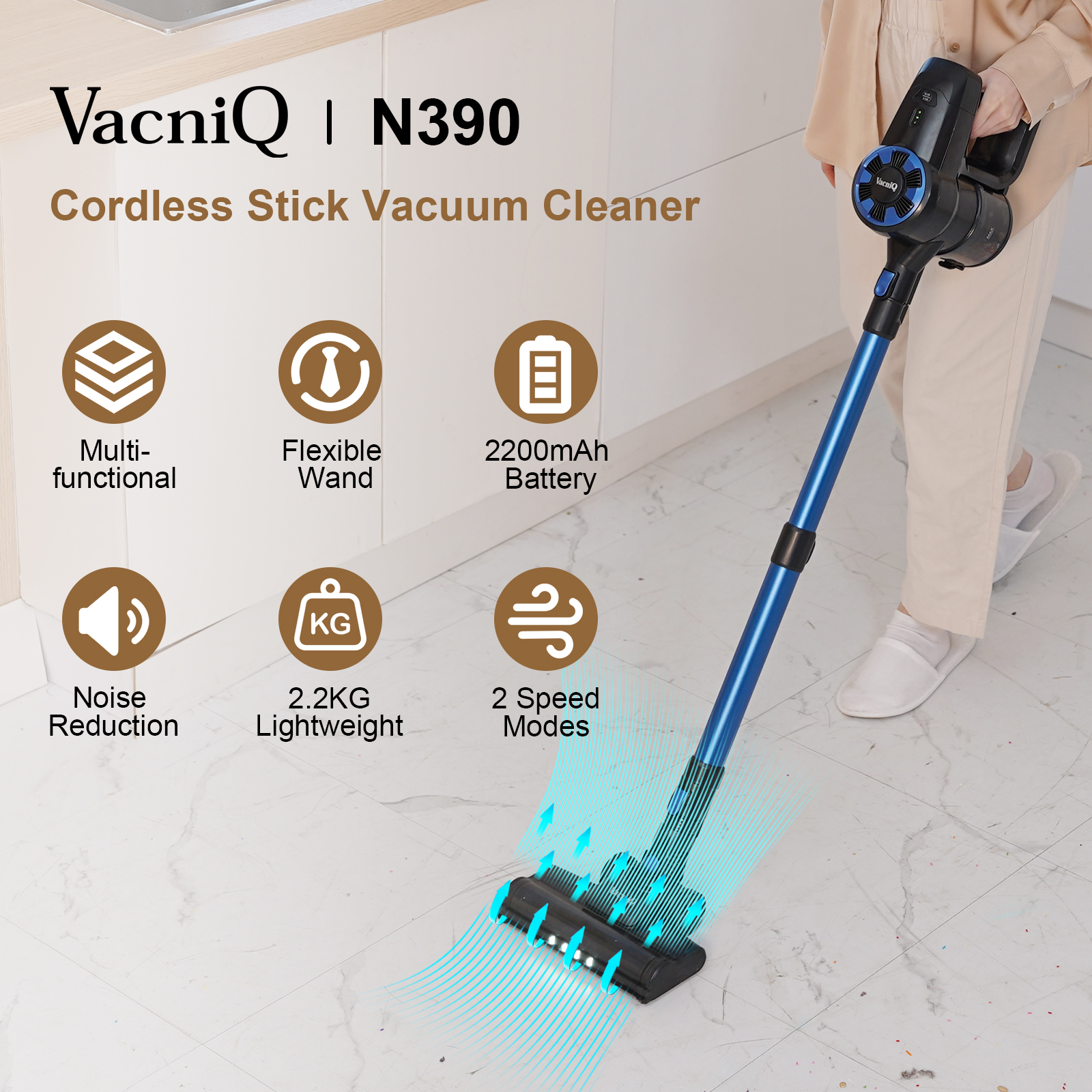 Niebieski i czarny bezprzewodowy odkurzacz pionowy z ikonami i tekstem na białym tle.