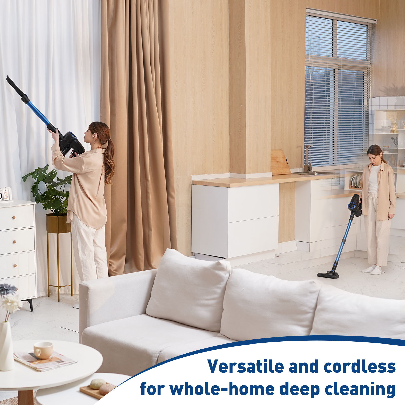 Two women vacuum a home. One uses a handheld vacuum, the other a cordless vacuum cleaner.