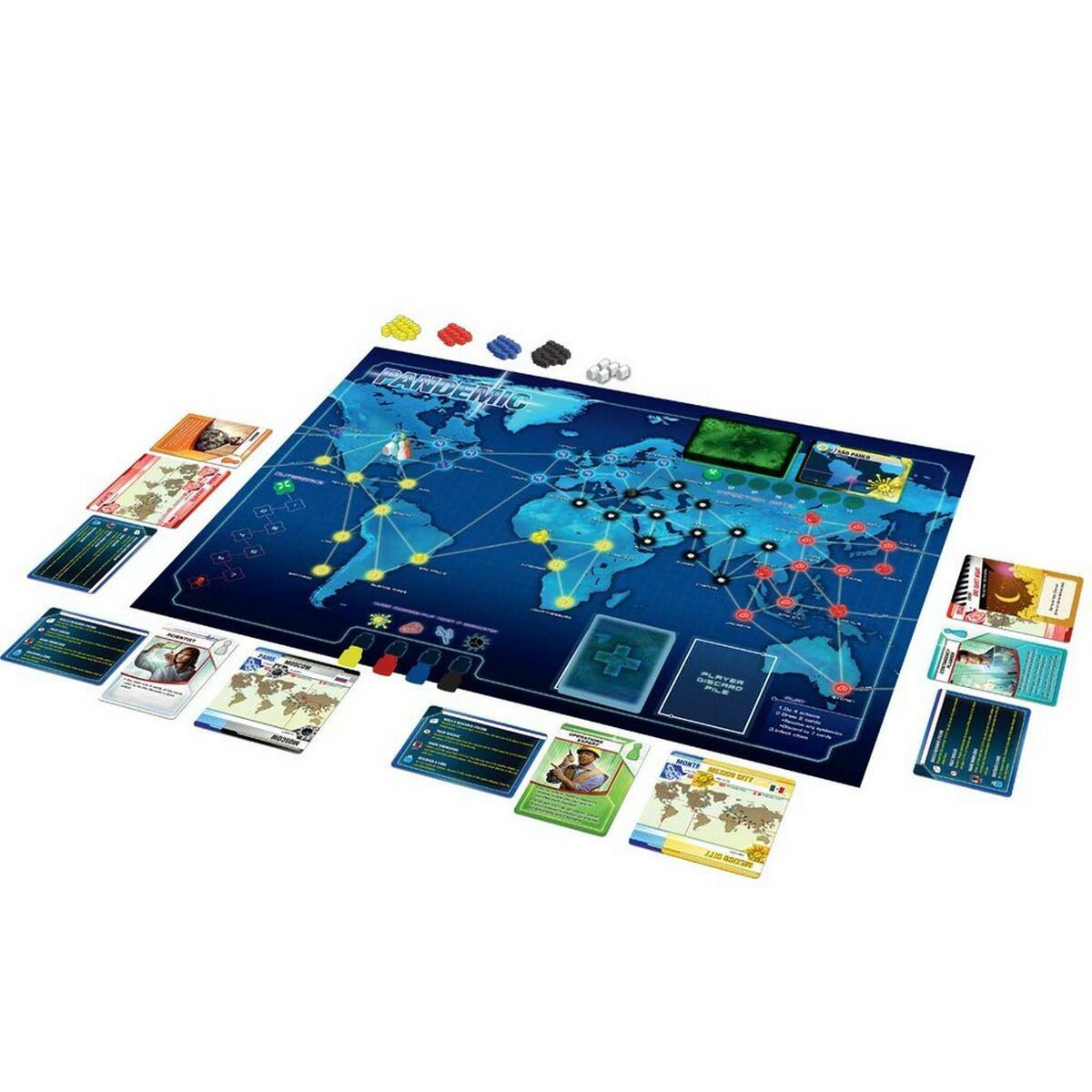 Ein Aufbau des Pandemic-Brettspiels. Das Spielbrett ist eine Weltkarte. Karten und Spielsteine liegen auf dem Brett.