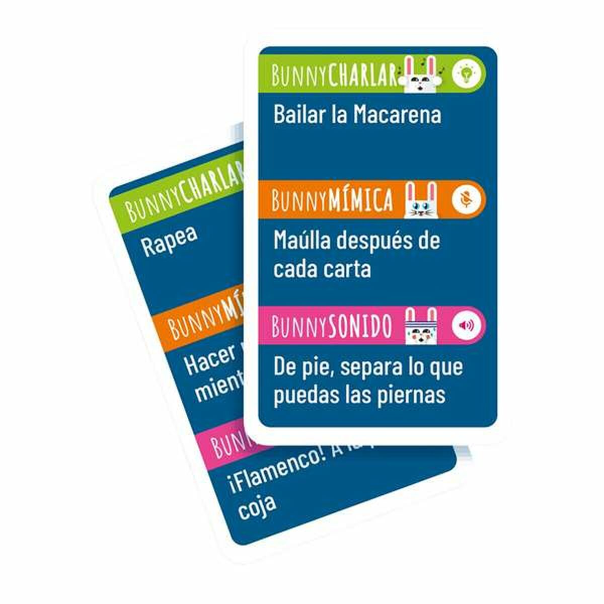 Tarjetas con instrucciones para un juego de fiesta. Tema de conejos, texto en español.