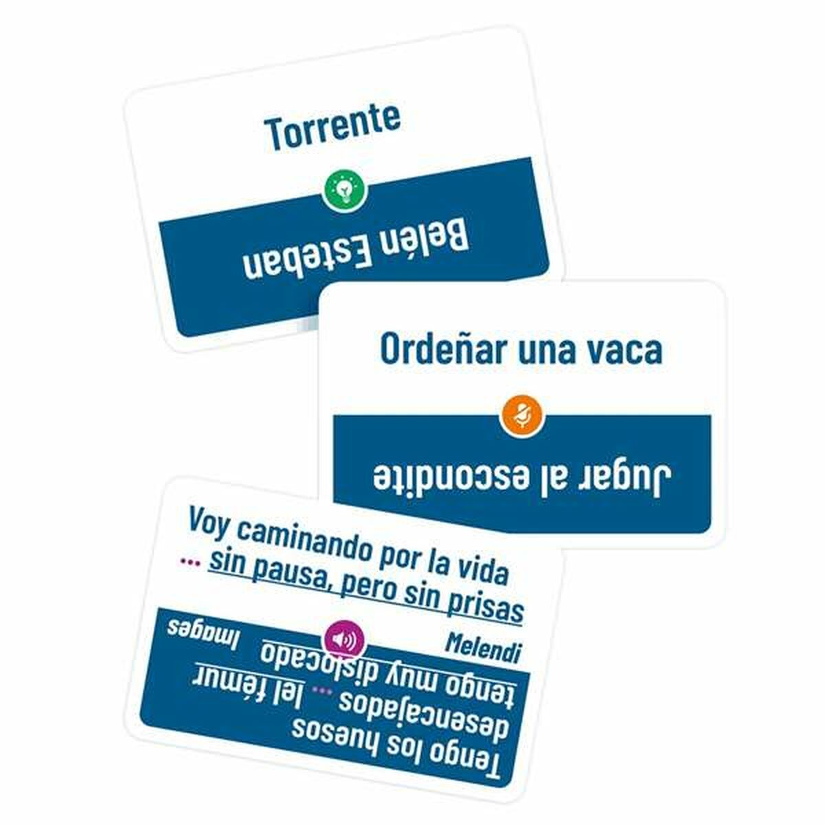Tres tarjetas con texto en español: 'Torrente', 'Belén Esteban' y una frase con 'Melendi'.
