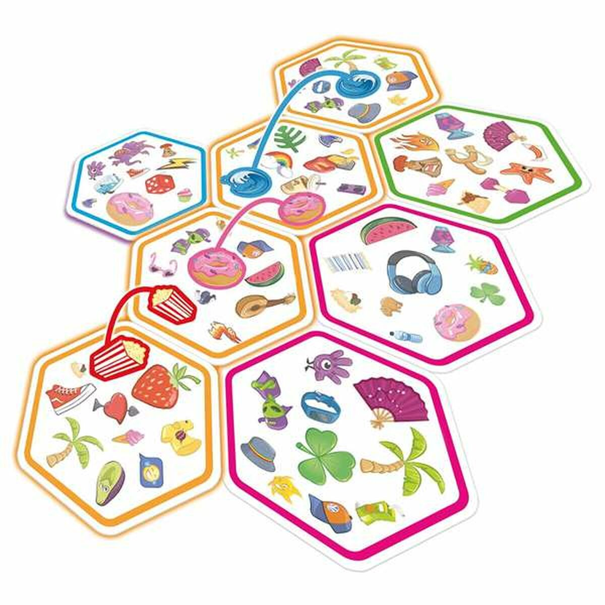 Sechseckige Spielsteine mit verschiedenen Symbolen: Essen, Musik und mehr.