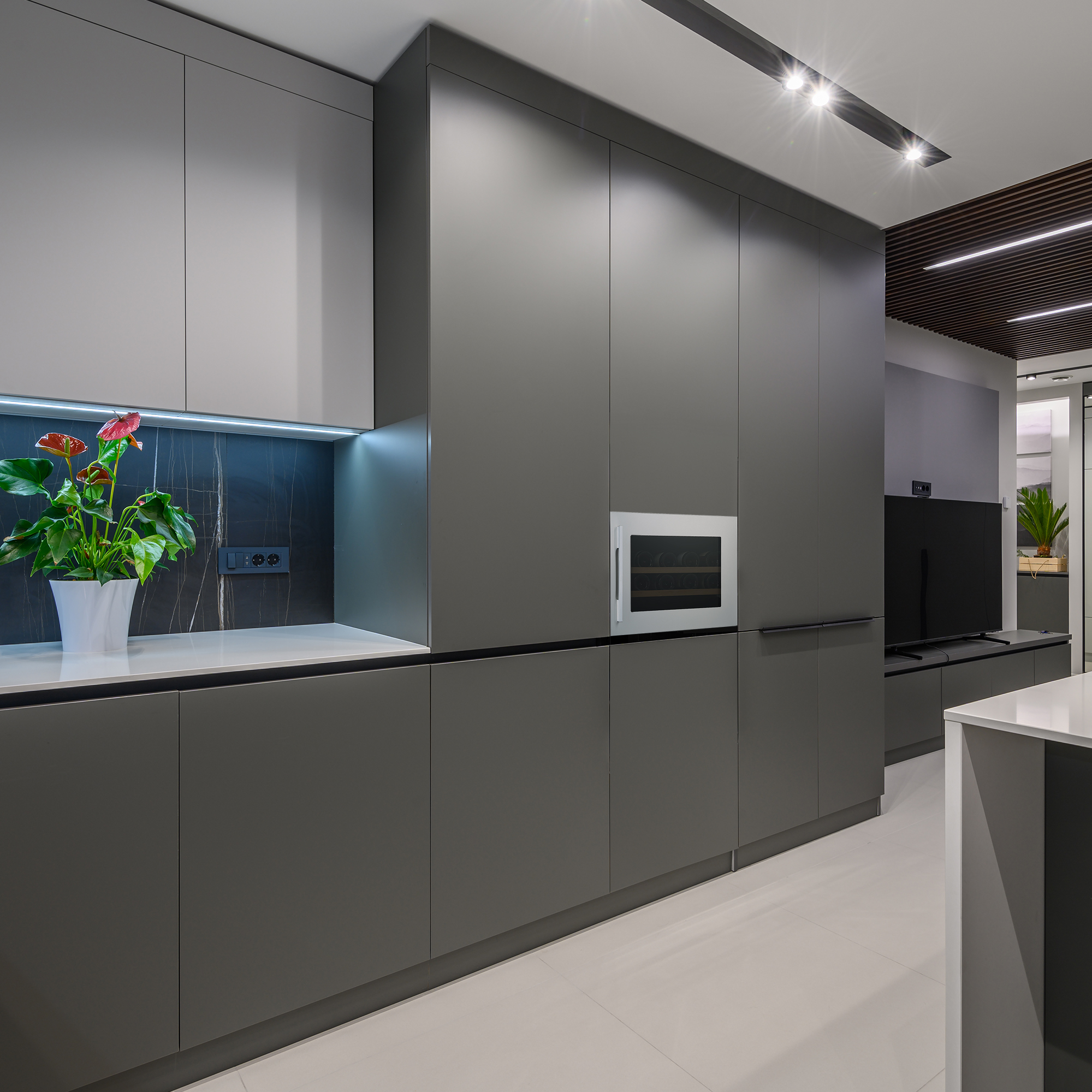 Una cocina moderna con gabinetes grises y encimeras blancas. Se ve una planta.