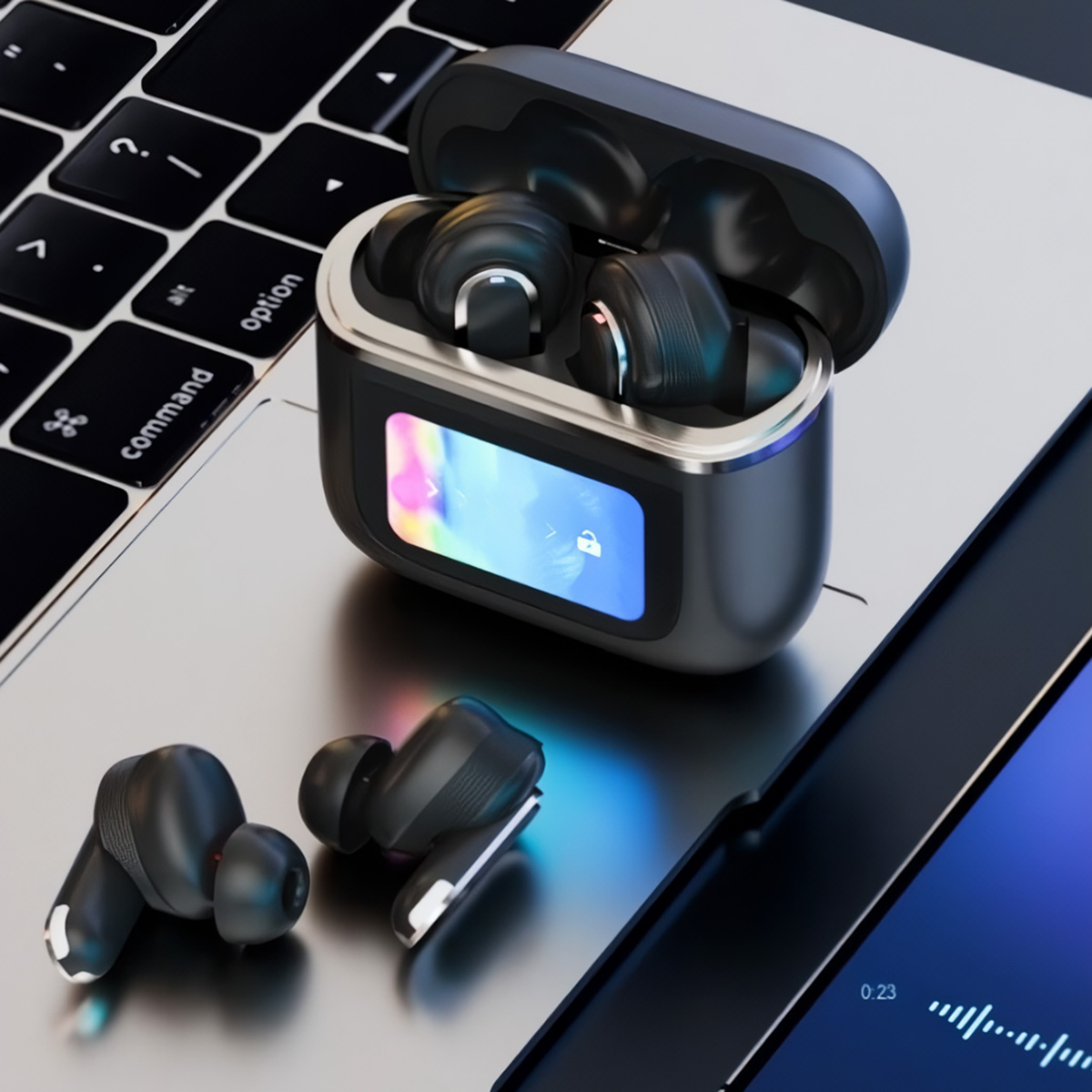 Auriculares negros en un estuche de carga sobre un portátil, con una pantalla que muestra música.
