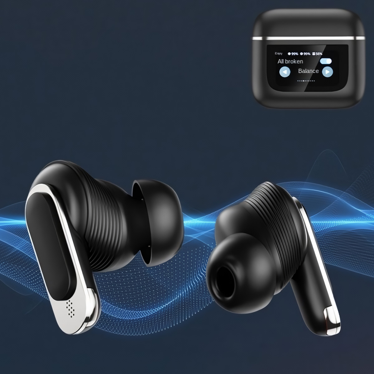 Auriculares inalámbricos negros y estuche de carga. La pantalla muestra los niveles de batería. Fondo azul.