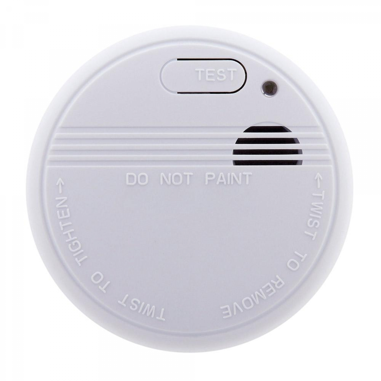 Detector de humo blanco. Vista superior, con texto: Prueba, No pintar, Girar para quitar, Girar para apretar.