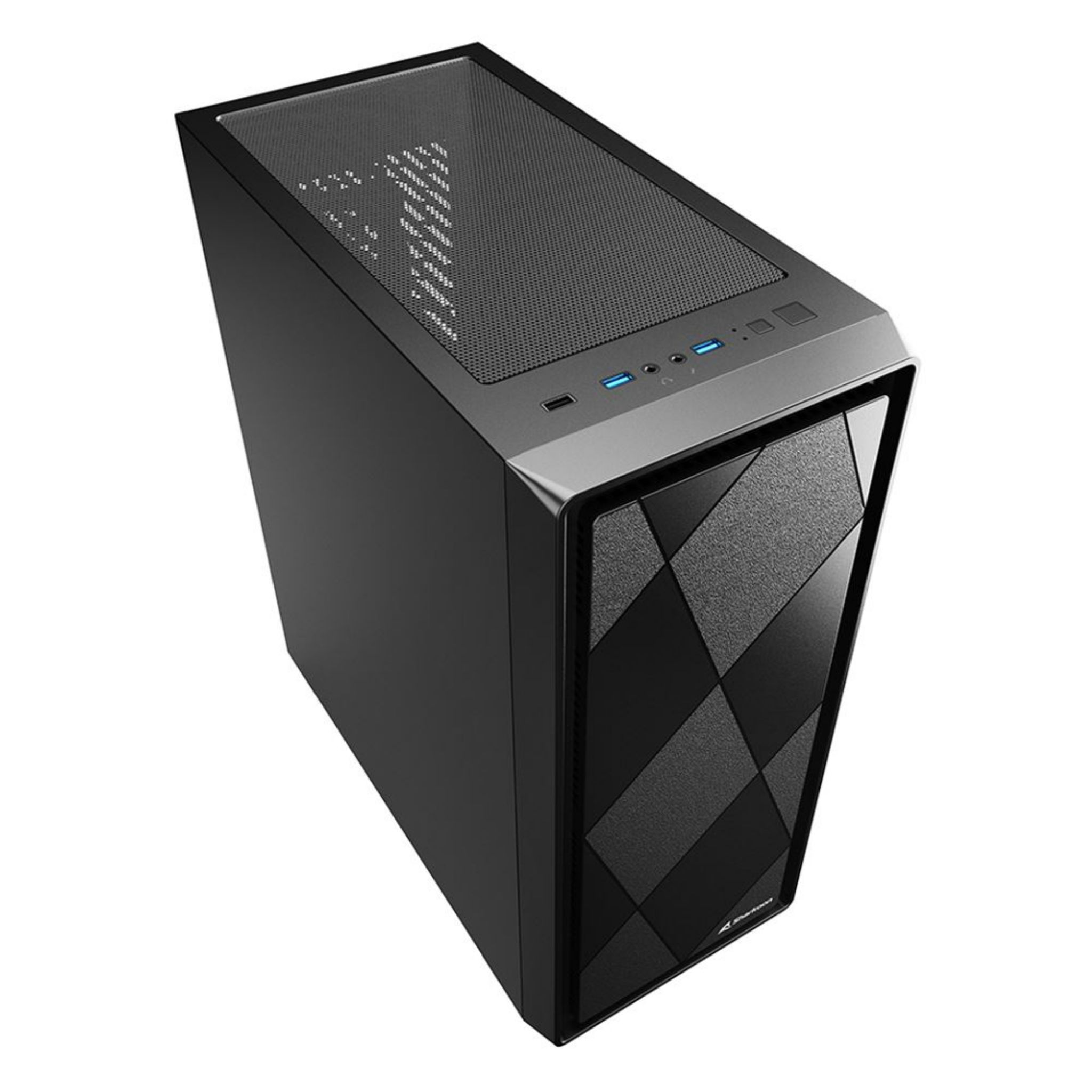 Zwarte computerkast, schuine weergave. Mesh bovenkant, voorpaneel met geometrisch ontwerp.